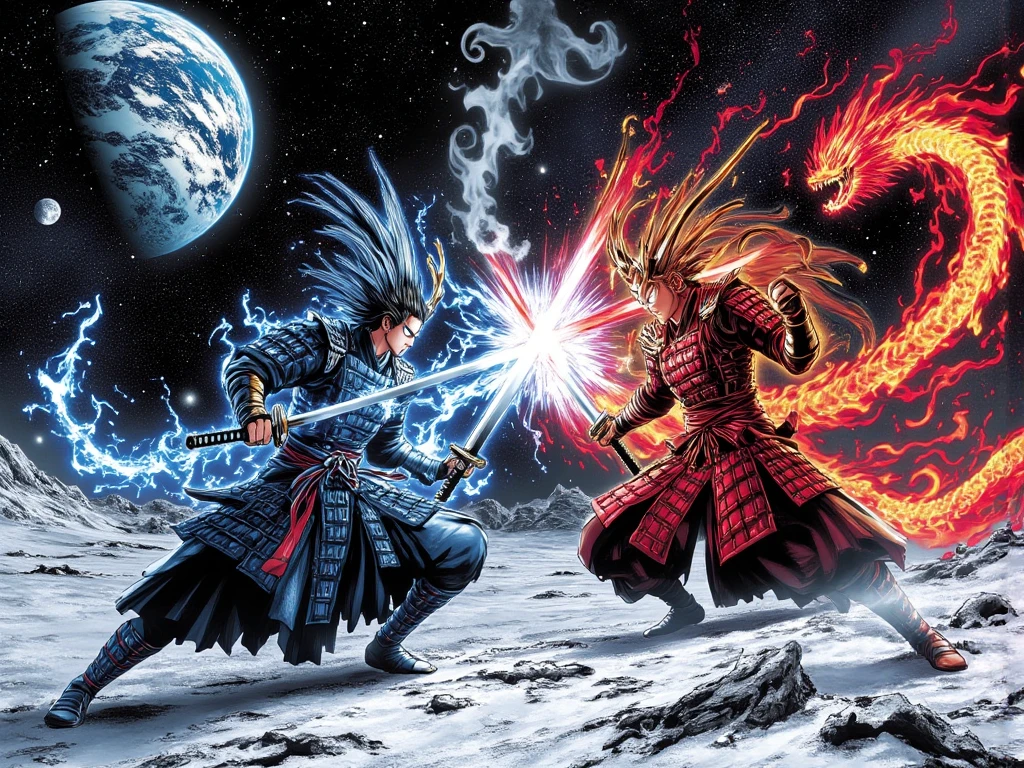 Anime style, Yusuke Murata style, perfect lighting ,masterpiece, top quality , a couple, 1 man, 1 female, 2 japaneses samurais, traditional samurai outfit, ((fighting each other:1.5)), facing each other, each bodies emanating a different aura color, sword stances, fighting stance, clashing, Dragon Samurai, battle scene where two sword wielding characters clash their blades against each other, sword clash, on the surface of the moon, sword samurai, epic battle, sword fight , (light injuries on both sides:1.5), satelite view, space in the background, planet earth in the background, stars shining,