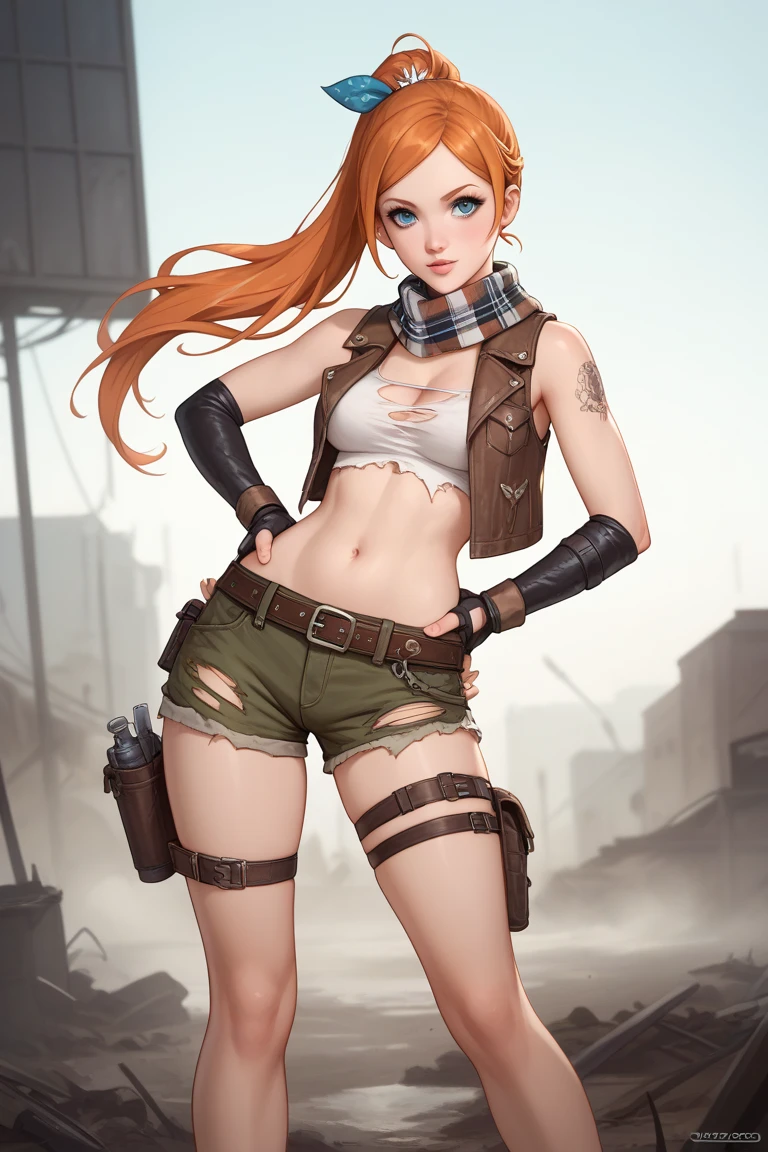 beautiful detailed eyes, beautiful detailed lips, extremely detailed eyes and face, long eyelashes, 1girl, cosplay, Kim Possible cosplays as Aloy from Horizon games, intricate detailed costume, high quality 3D render, cinematic lighting, photorealistic, hyper detailed, vibrant colors, warm lighting, dramatic pose, dynamic action, epic fantasy, human anatomy, no bra