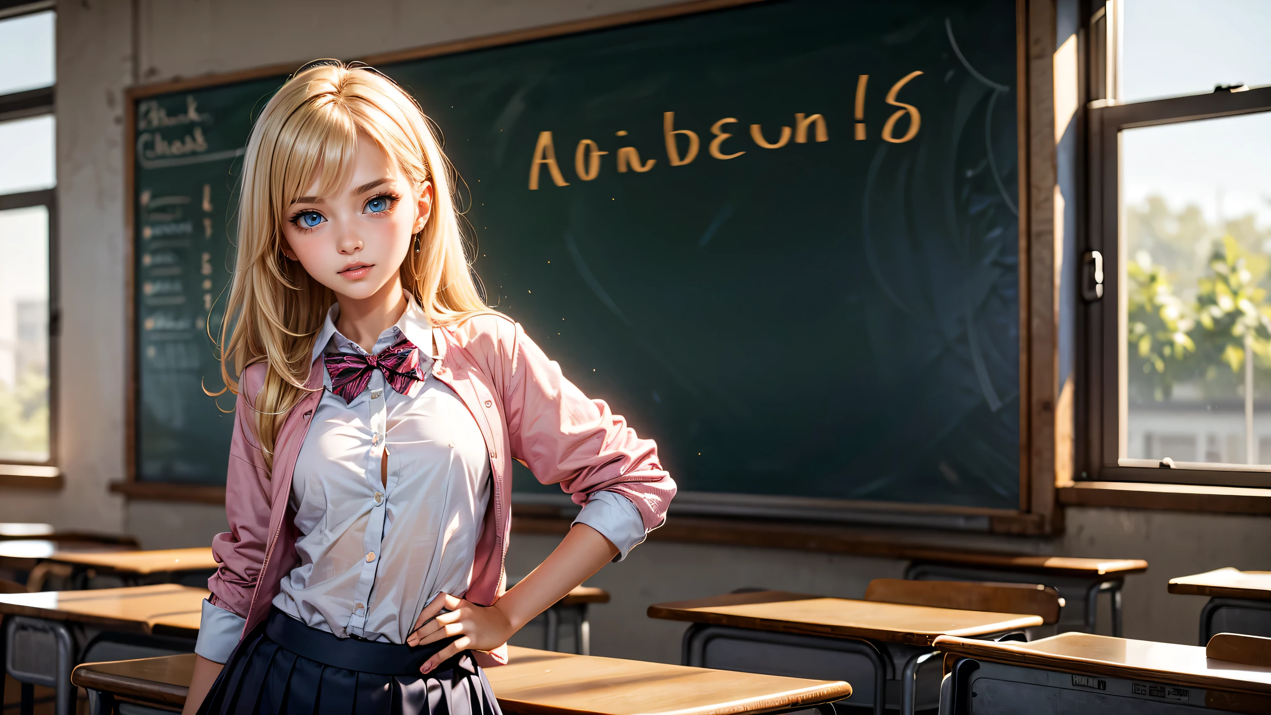 1girl, solo, single girl, young girl, Standing in a classroom, Cute blonde girl wearing revealing pink high-school uniform in classroom, sexy, petite, blue eyes, popular girl, standing in front of the chalkboard,