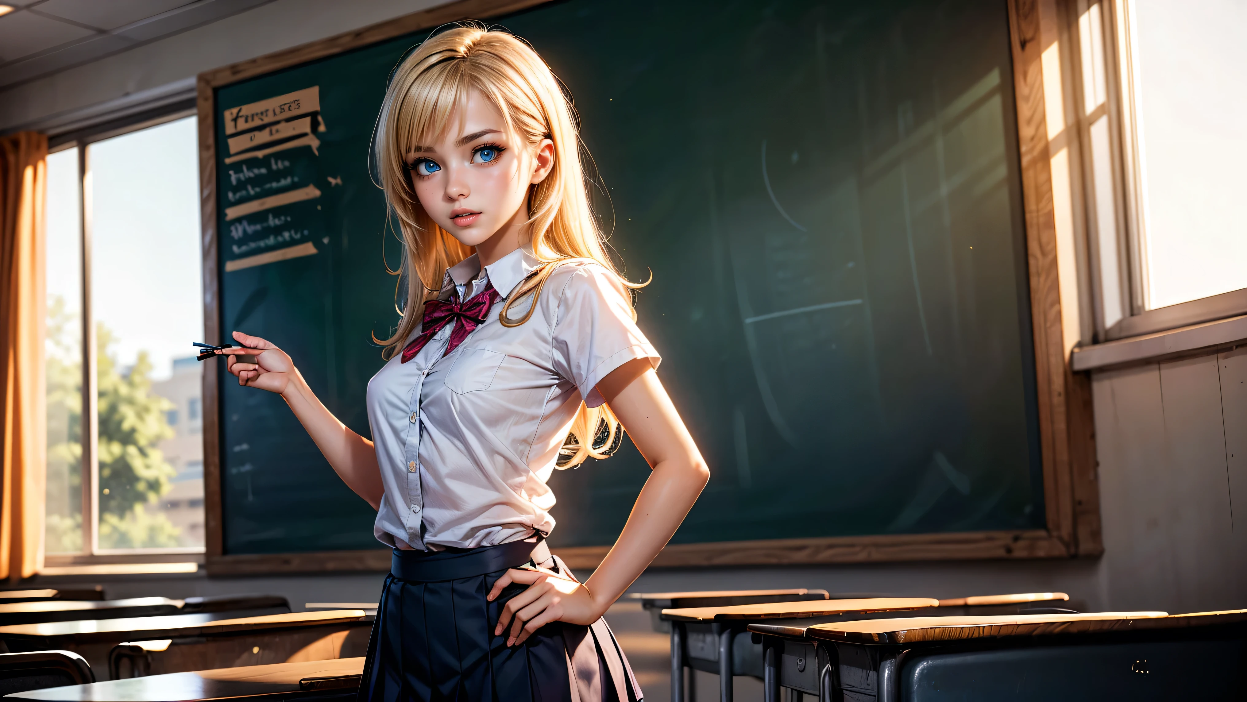 1girl, solo, single girl, young girl, Standing in a classroom, Cute blonde girl wearing revealing pink high-school uniform in classroom, sexy, petite, blue eyes, popular girl, standing in front of the chalkboard,