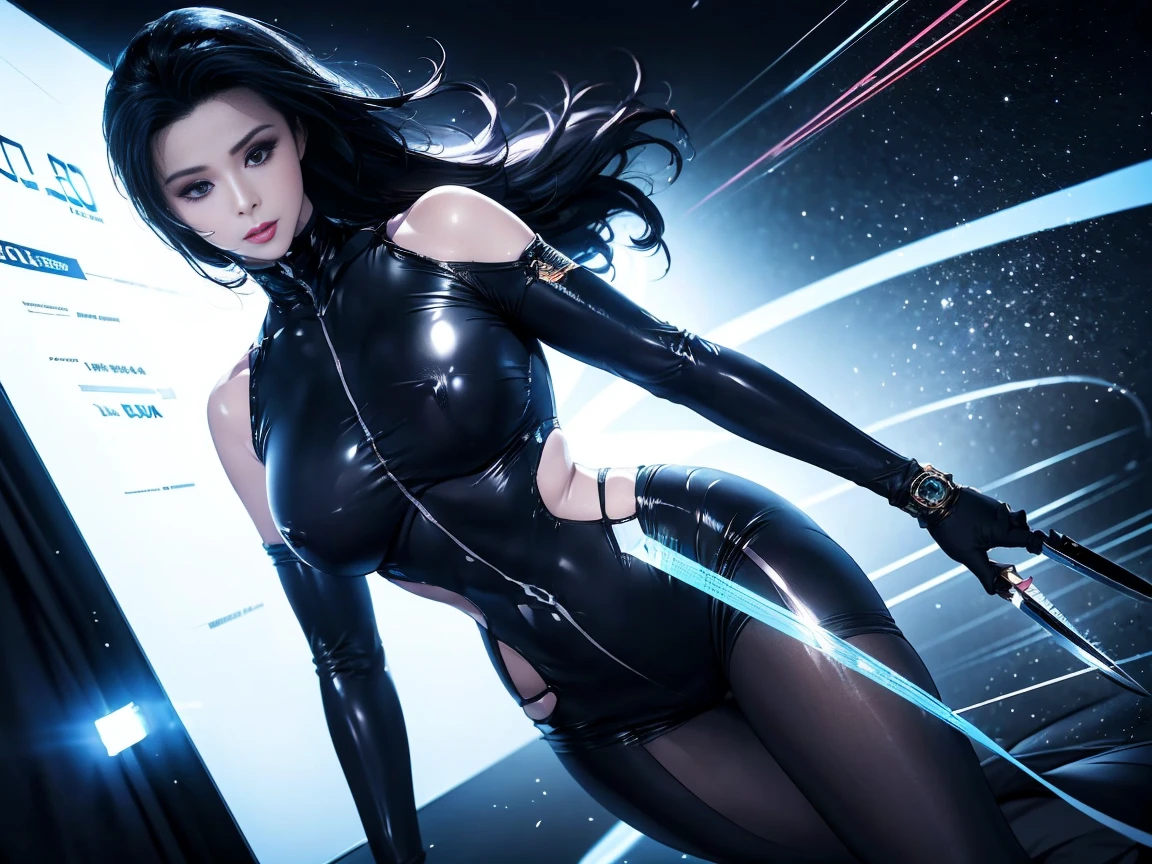 tifa, from behind, side pose, mass effect cyberpunk, spandex purple sheer officer uniform suit, looking at camera, futuristic, glitch effect, big ass, sexy, holding big gun, on spaceship, neon lights in purple clothes, armor, pants (masterpiece), outer space background, (best quality), 8k resolution, ultra-detailed, rear shot, hyper-detailed, realistic, (1girl), cinematic, black hair, D cup, perfect body, galactic font, graffiti style