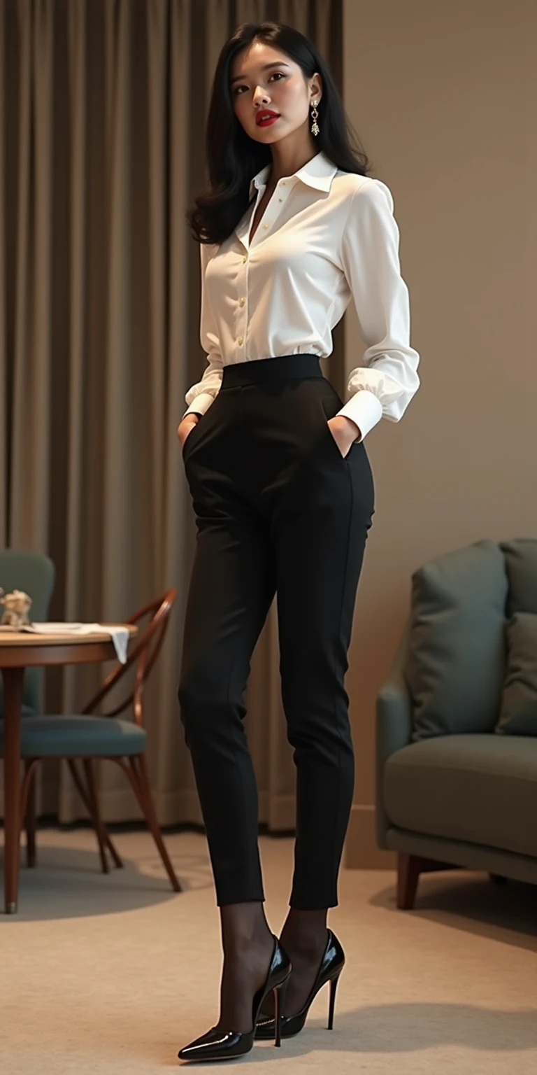 (((Backwards:2.0, Point your ass to the camera:2.0))), ((conference room:2.0)), ((Clothing:2.0, Blue long blouse:2.0, Black panties under white suit pants:2.0)), ((A grin:1.2, Small breasts:1.5, slender:1.5, Small Ass:1.8)), ((Japanese, 1 Girl, 18-year-old, 7 heads, Ideal body proportions, Black Hair, With bangs, Small breasts, Erect nipples, slender, Small Ass, Beautiful feet, Skinny Legs)), Surrealism, Cinematic Lighting, Depth of written boundary, First Person View, Boobs F/1.8, 135mm, Ticker, Mastepiece, Curate, ((Anatomically correct:1.3)), Textured skin, Super Detail, High detail, High quality, Awards, Best Quality, High resolution, 8K