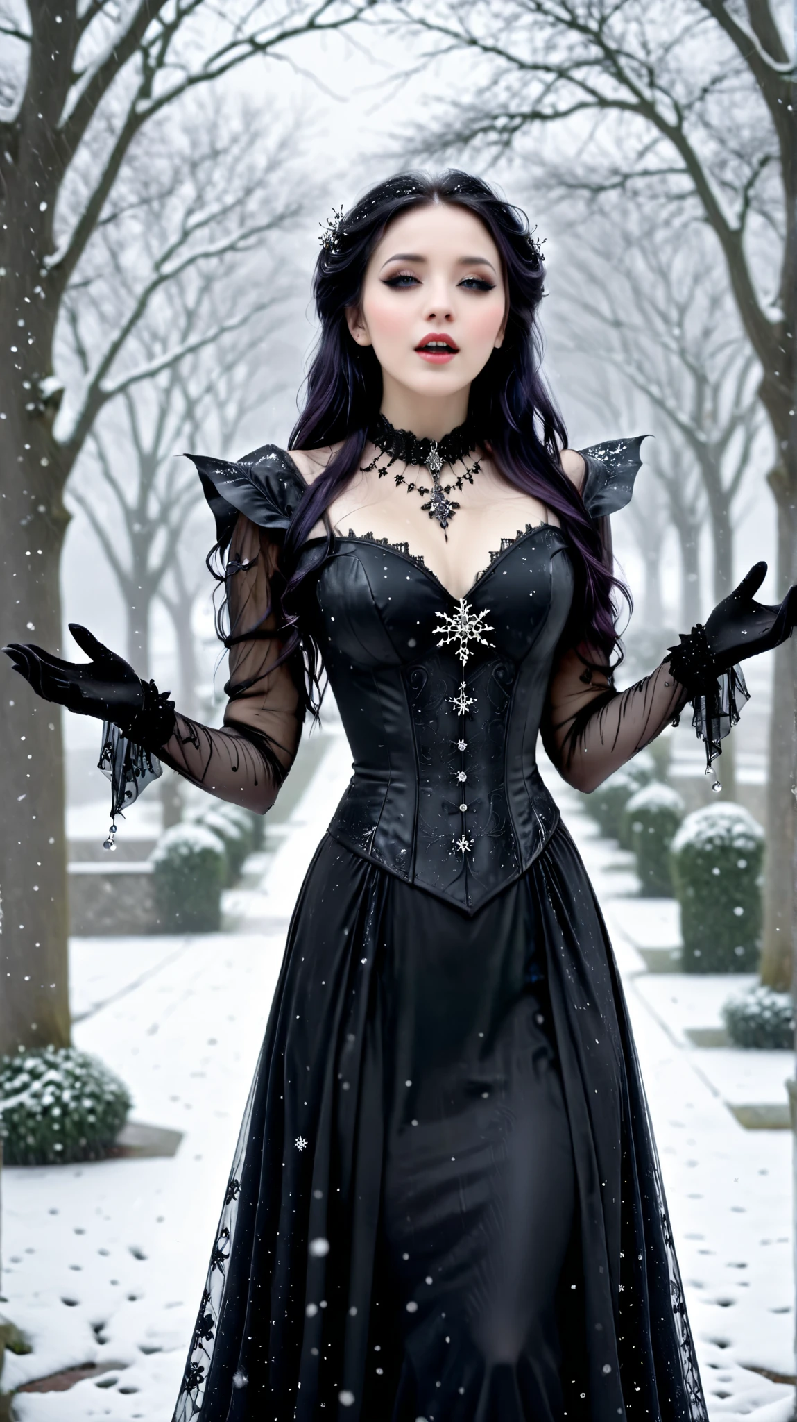 A realistic snowy day with a beautiful gothic goddess standing in the middle catching snowflakes