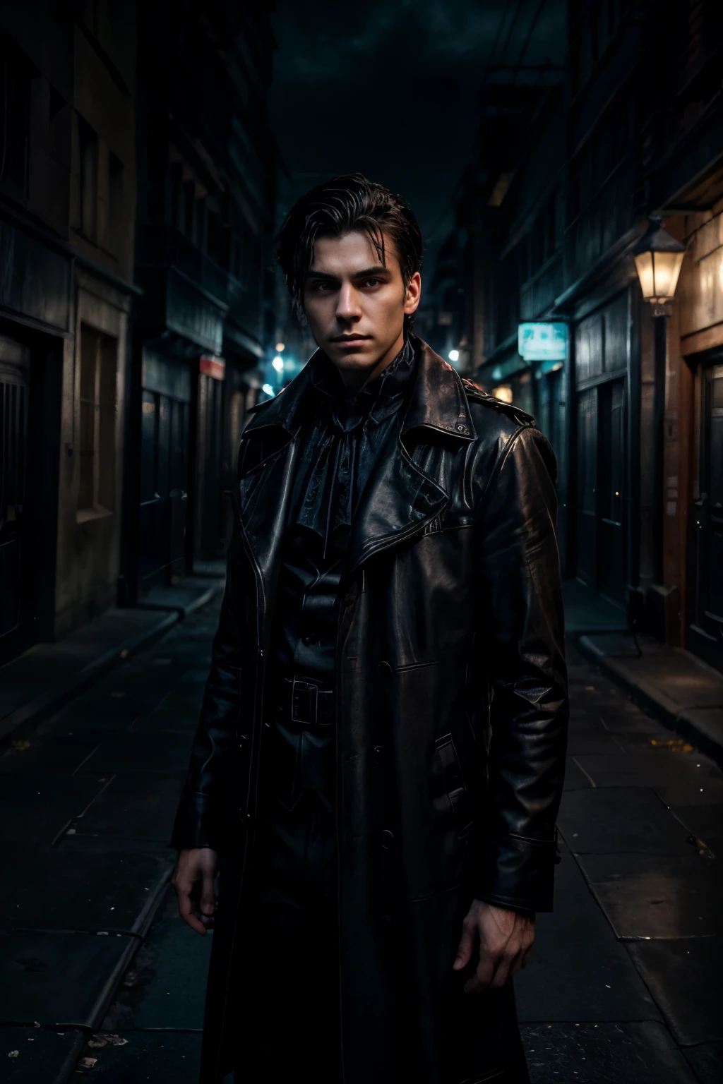 Arafed man in a black leather coat standing in a dark alley - SeaArt AI
