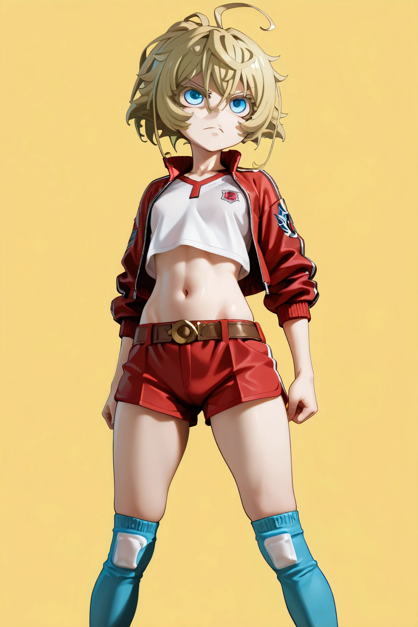 NSFW, Masterpiece, top quality, Hi-Res, very detailed, Tanya DeGrechaff\(Young Women's Volleyball\), short hair、 blue eyes、 blond hair、 、 side lock、stupid hair、 ponytail、ショート ponytail, jacket, crop top shirt , shorts ,belt, knee-high socks