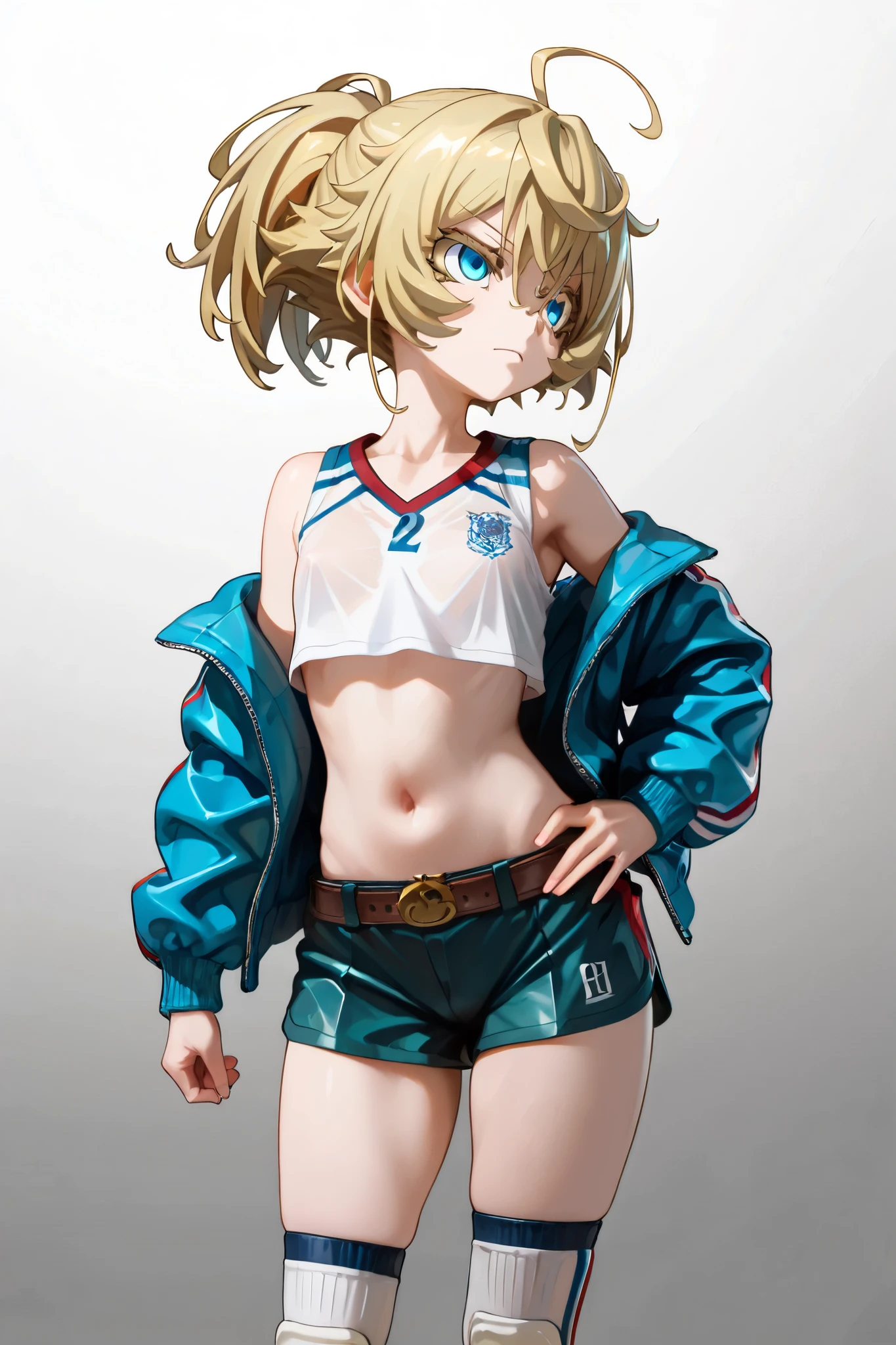 NSFW, Masterpiece, top quality, Hi-Res, very detailed, Tanya DeGrechaff\(Young Women's Volleyball\), short hair、 blue eyes、 blond hair、 、 side lock、stupid hair、 ponytail、ショート ponytail, jacket, crop top shirt , shorts ,belt, knee-high socks
