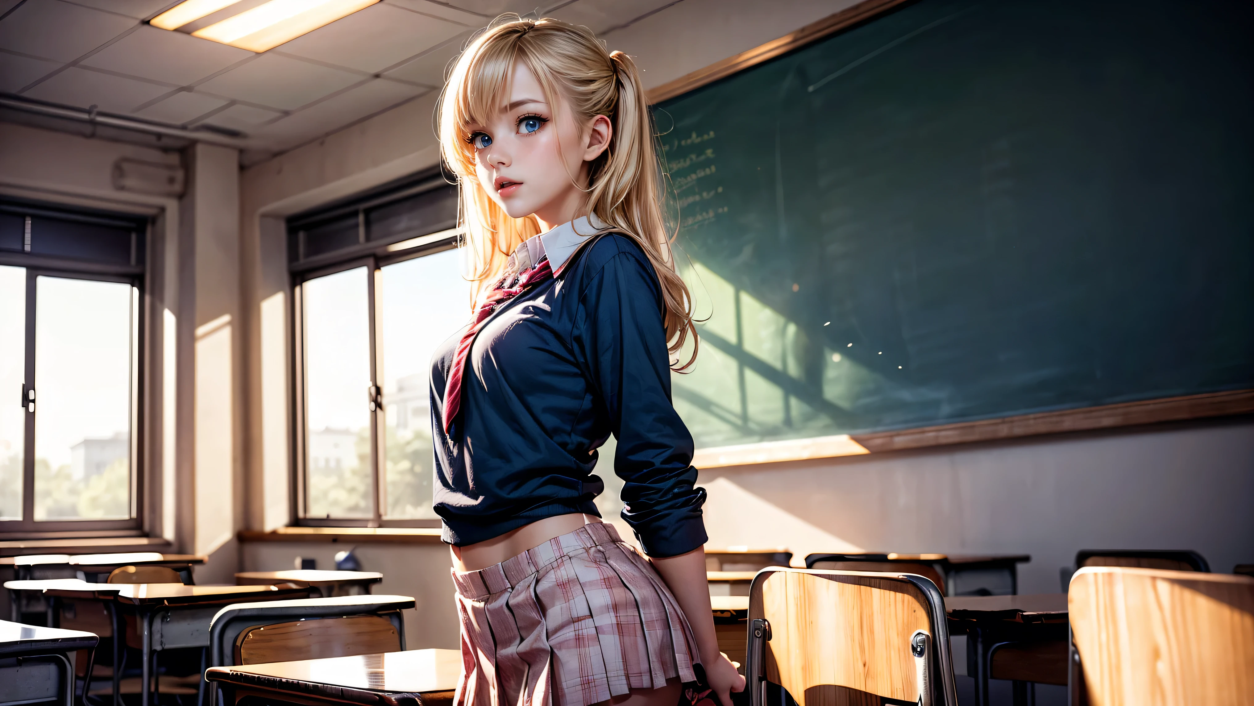 1girl, solo, single girl, young girl, Standing in a classroom, Cute blonde girl wearing revealing pink high-school uniform in classroom, sexy, petite, blue eyes, popular girl, standing in front of the chalkboard,