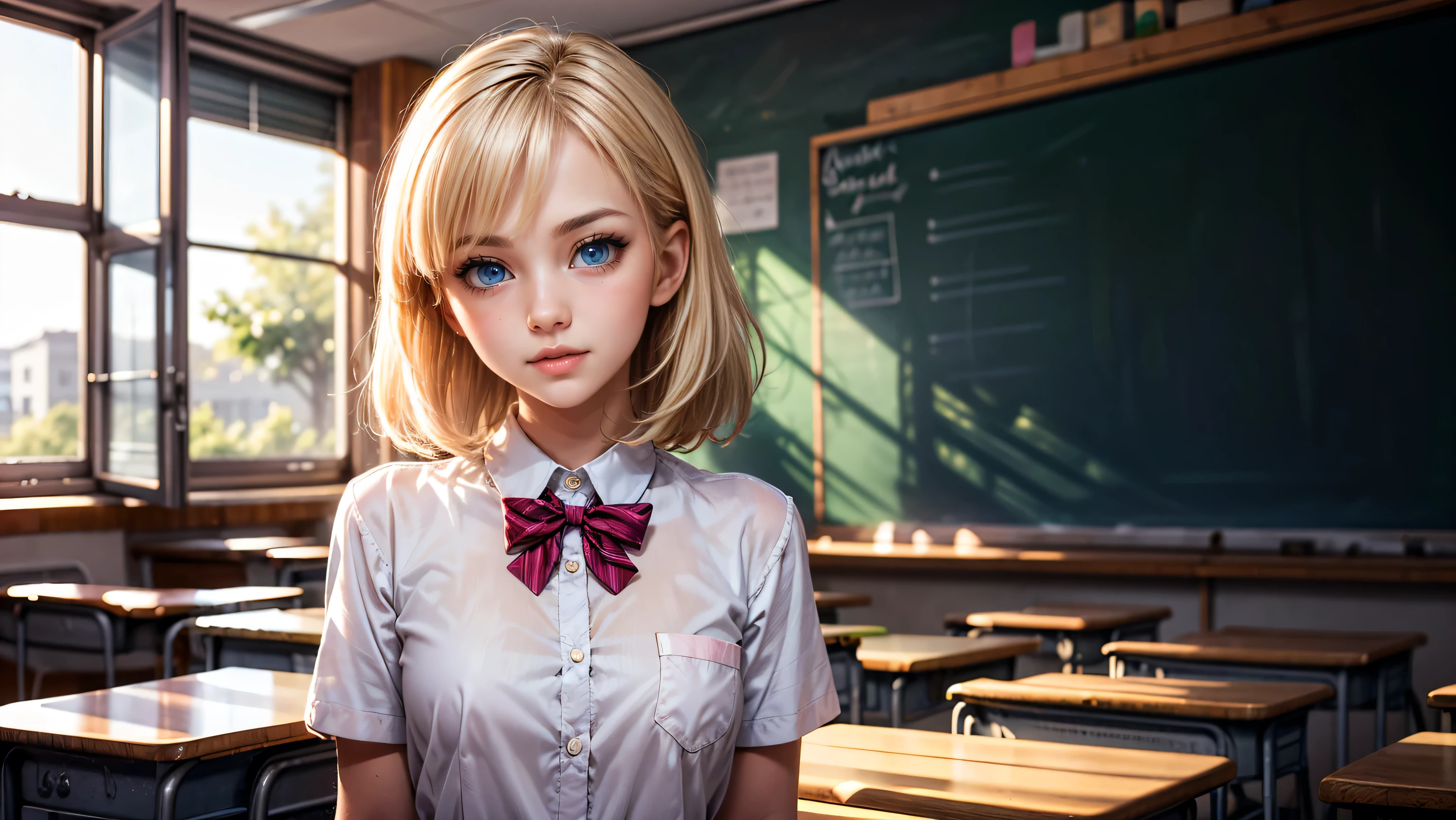 1girl, solo, single girl, young girl, Standing in a classroom, Cute blonde girl wearing revealing pink high-school uniform in classroom, sexy, petite, blue eyes, popular girl, standing in front of the chalkboard, 