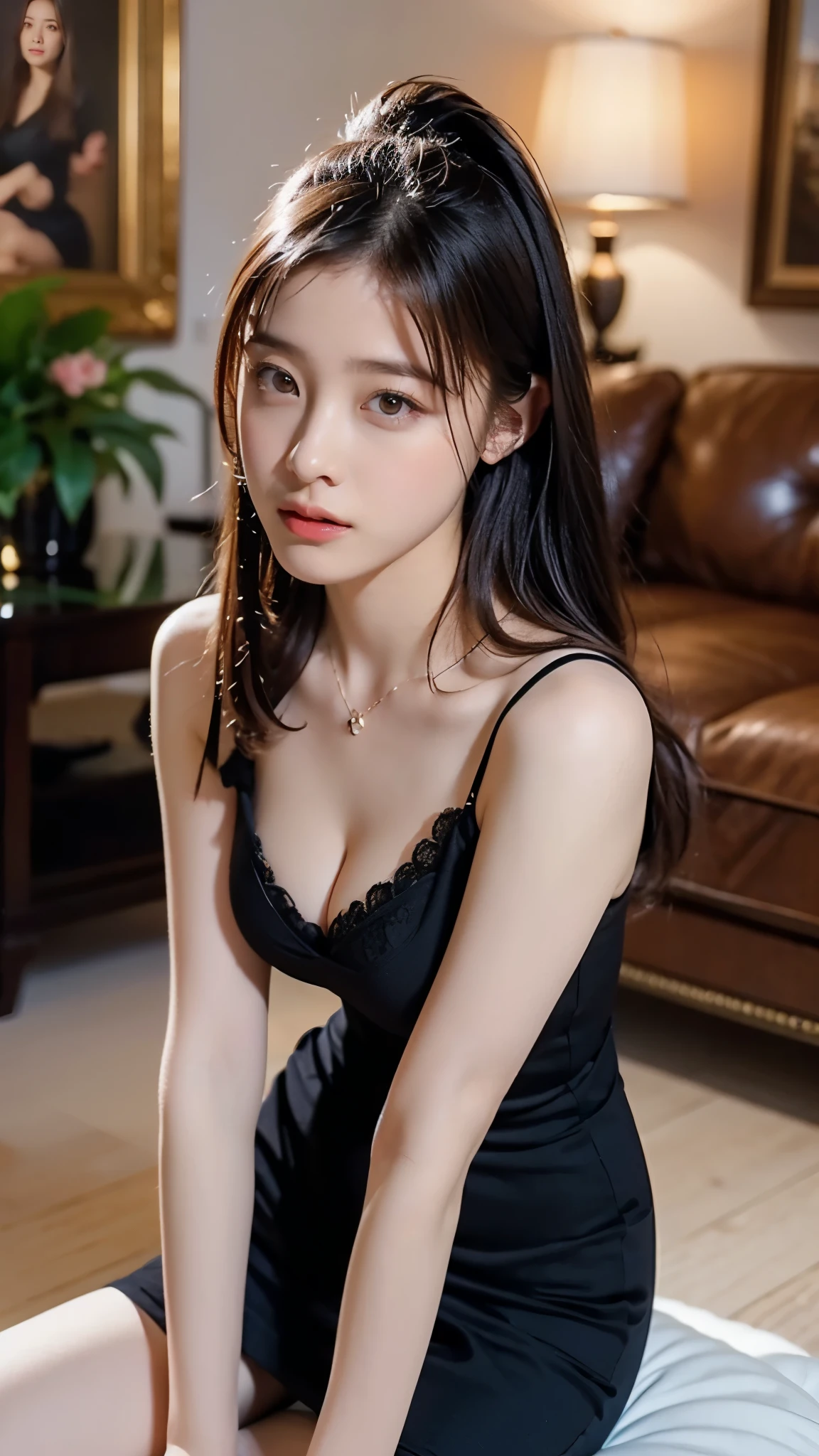 女の子1人、Female about 20 years old、Natural-looking brown hair(Black)、vests、a photo、make realistic、best quality、adopt、detailed faces、Inside the cabaret club、Sitting on the couch、kiss face(The expression is embarrassed)、A very beautiful white dress、depth offield、bokeh feeling、独奏