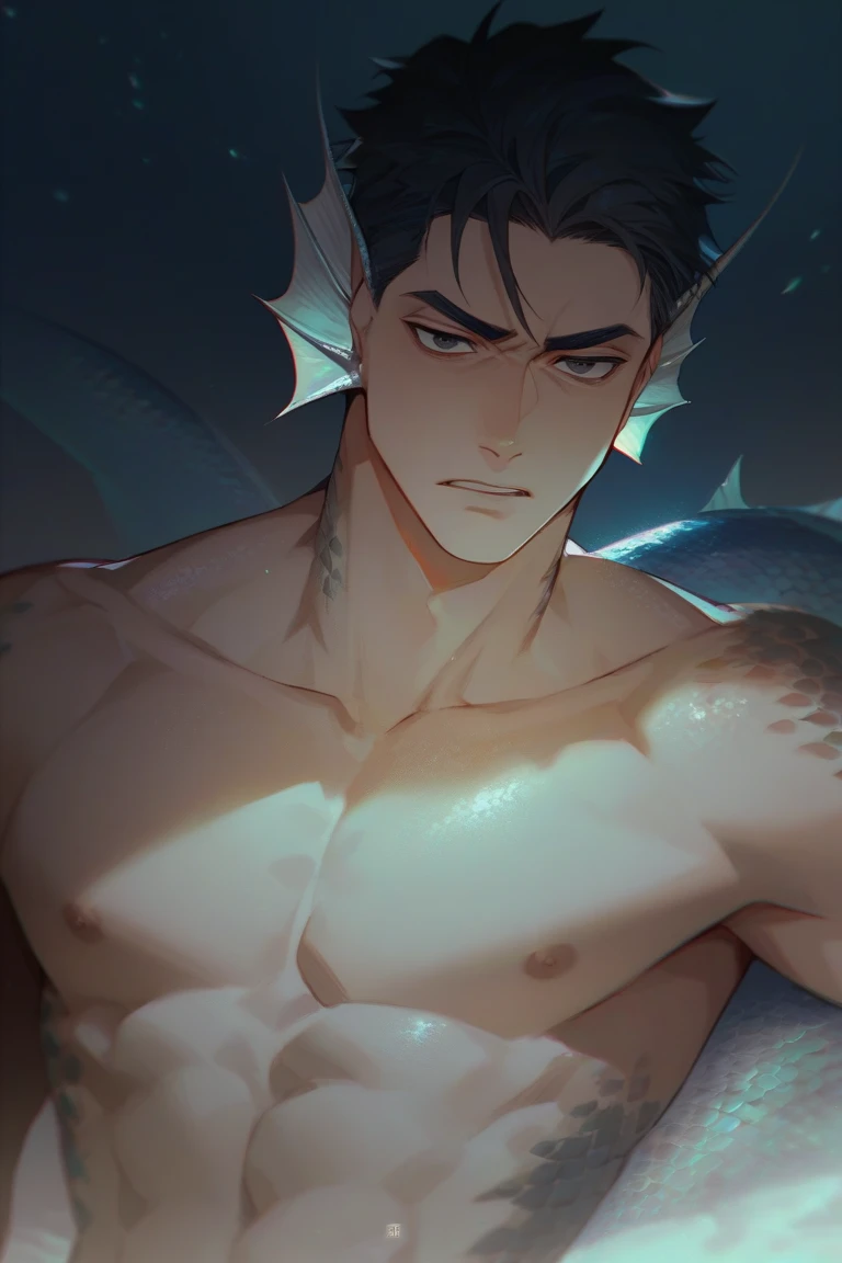(absurdres, highres, ultra detailed, realistic, ), 1 male, solo, adult, mature, tall muscular guy, broad shoulders, handsome, very short hair, masculine man, sea, deep blue hair, draconic blue scales on skin, pale skin, hunter eyes, horns curved backwards, serene expression, traditional clothes, angular jaw, thick neck, thick eyebrows