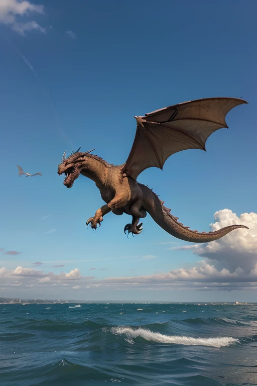 Silver dragon flying over the sea,sad,Look at the lens,Sunset,Ocean background,Japanese comic style,Unreal Engine,illustration,Wide-angle lens,Realistic details,Atmospheric one
