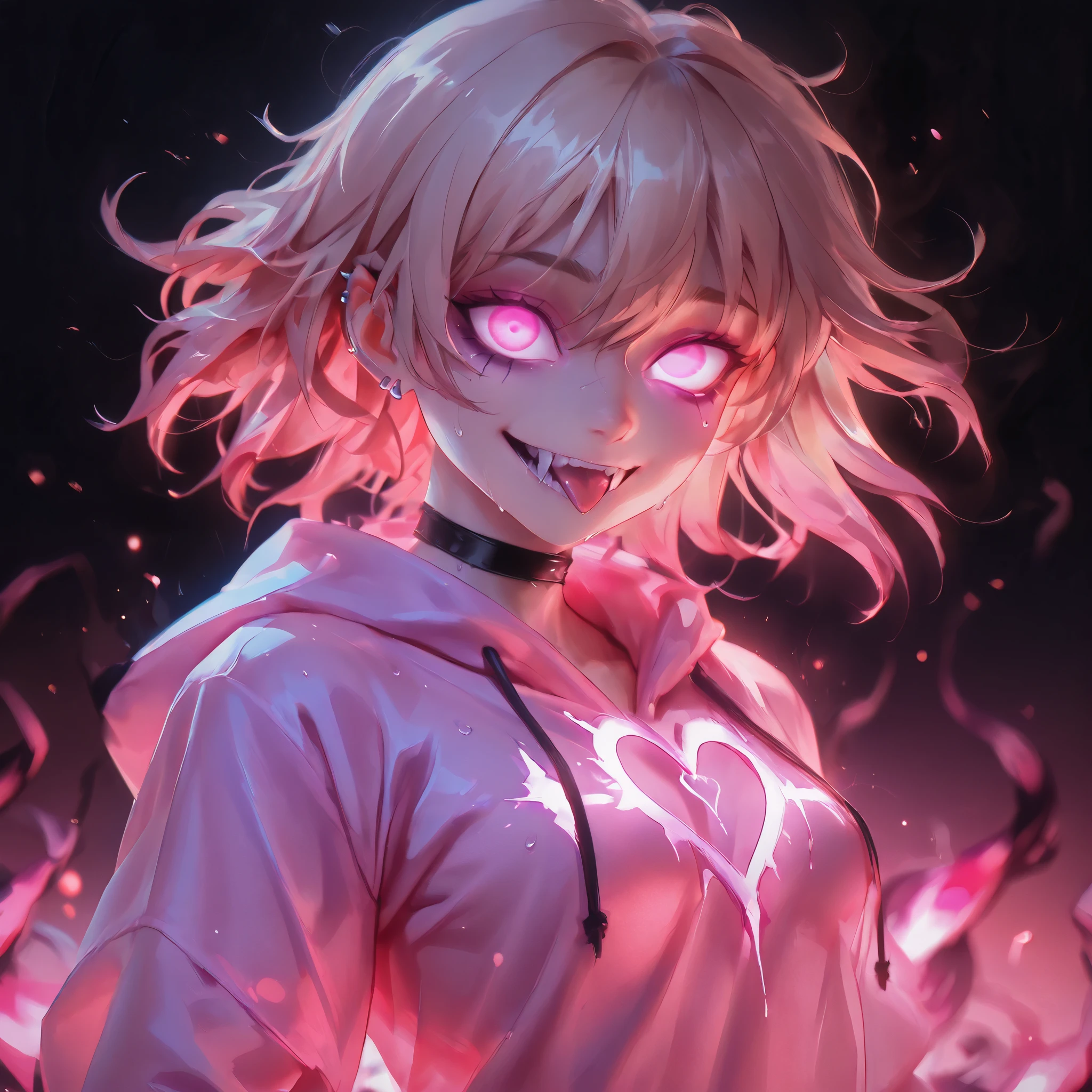 (ultra detailed), (masterpiece), (best quality), (depth of field), (sharp focus), (cinematic lighting), (vibrant pink), 1, crazy smile, fangs, tongue out, deep eyes, goth style, pink makeup, neon pink tattoos, silver piercings, psychotic, psycho, A dark lighted anime woman, sexy hoodie, pink clothing, pale skin, blonde girl, (blonde hair), translucent hoodie, sexy body, small breasts, sweaty body, heart shaped symbols, sexy girl, with bright pink eyes, glowing pink eyes, deep set eyes, bright hair, lots of pink energy, psycho smile, ((pink flames are in the background)), sharp teeth, sexy pose, (((pink gradient background: 1.4))), energy, energetic, Phonk, Brazilian Phonk, Simple Design, Simplified --s 100 --niji 5 --ar 1:1 ,phnk, 1girl, dark background, silhouette, glowing eyes, aura, phnk, 1girl, black background, silhouette, floating hair, blank eyes, looking at viewer,{{crazy smile, sadistic smile, closed teeth}}, ((empty eyes)), {{glowing eyes, glowing particles, glow}}, ,hauntedglow, glowing eyes,traditional media, realistic,