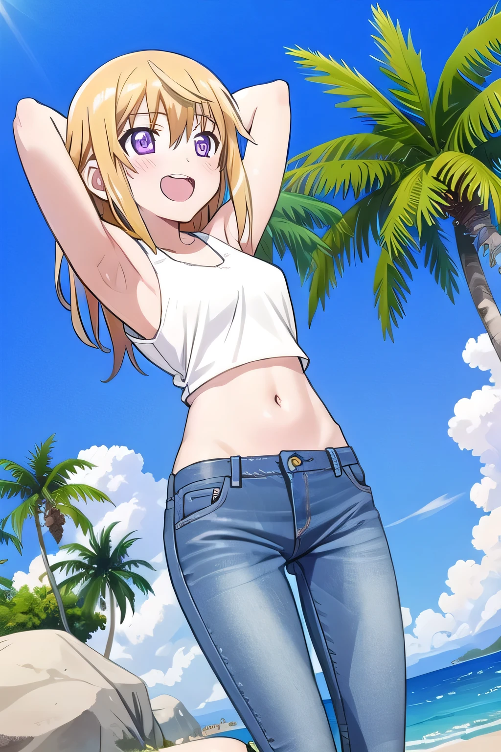 masterpiece,best quality,ultra detail, 1girl, , petite, ((round face, ecstasy, orgasm face, drooping eyes, shame smiling, blush)), dropping eyes, sleepy, Open mouth, ((White teeth)), background((under the beach, (day:1.2), palm tree, bright sky)), charlotte dunois, long hair, blonde hair, (purple eyes:1.1), (arms behind head:1.4), (Show the armpits:1.28), contrapposto, spread armpits, looking at viewer,, (white tank top:1.2), (white crop top:1.2), (jeans pants:1.2, flares jeans:1.2, skinny jeans:1.2, blue jeans:1.2), standing, (legs spread:1.2), sex pose, Sweaty crotch, Steam from the crotch, from below, ((full medium body))