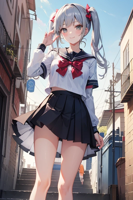 Jumping through the sky while laughing、Junior high school student in white long-sleeved sailor suit、Twin tails with dark blonde hair、a black ribbon、Single big eyes、