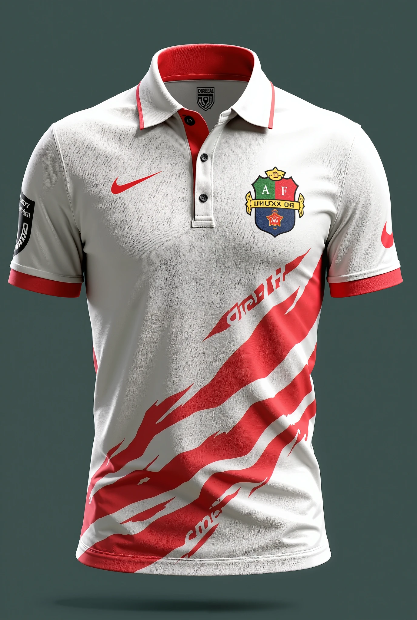 Create the club's home uniform with the crest you created
In the middle of the jersey on top put the crest, the jersey should be red and have gold details and the shorts should be black with blue details in the middle the Red Bull sponsor
Create the away jersey with the shield on the left side and the jersey should be White, with emerald green details and the Red Bull sponsor
and the black shorts with yellow details
Create 2 people one with the home uniform and one with the away uniform