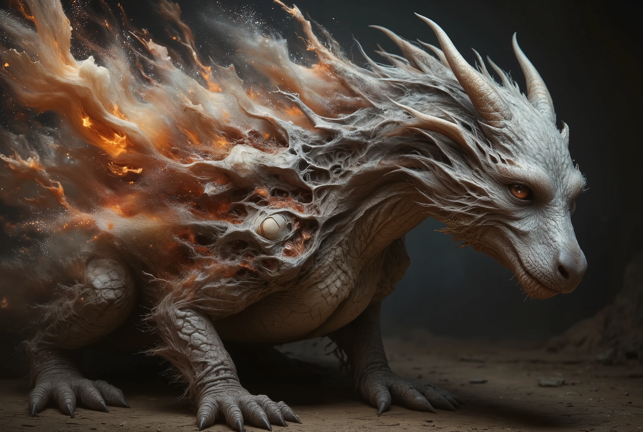 A front view of an old and desperate dragon. The left side of the beast dissolves in a ral-dissolve effect into geometric shards of flaming crystals and faint red-gold mist. High intricate details.