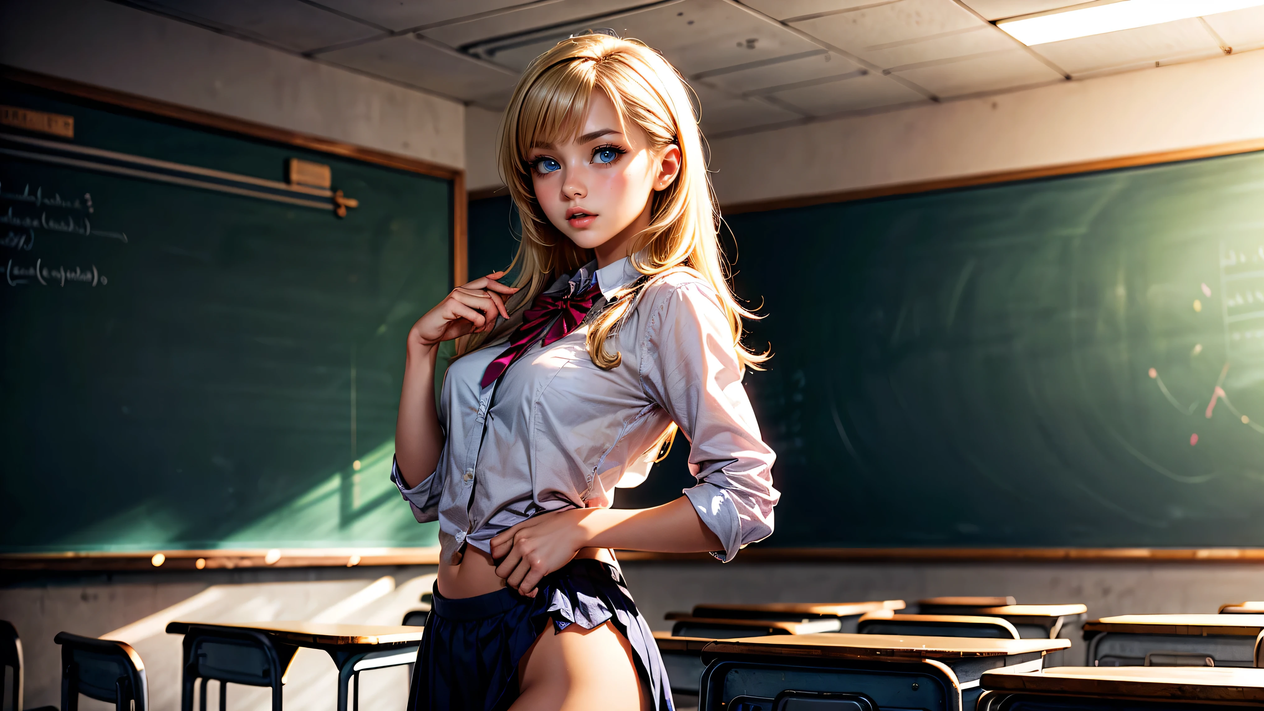 ((best quality)), ((highly detailed)), masterpiece, (detailed eyes, deep eyes), (1girl), dynamic angle, cowboy shot, mlpapplejack, woman, smile, looking at viewer, long blonde hair, ((low-tied hair)), ((green eyes)), naked, slight smile (indoor, classroom), ((flashing breasts)), ((exposed breasts, nipples)), graceful pose, removing dress, undressing, lifting skirt to reveal lace thong, realistic proportions, woman, arched back, head tilted back, butt to camera, sexy pose, lip bite, biting lip, kneeling, running fingers through hair
