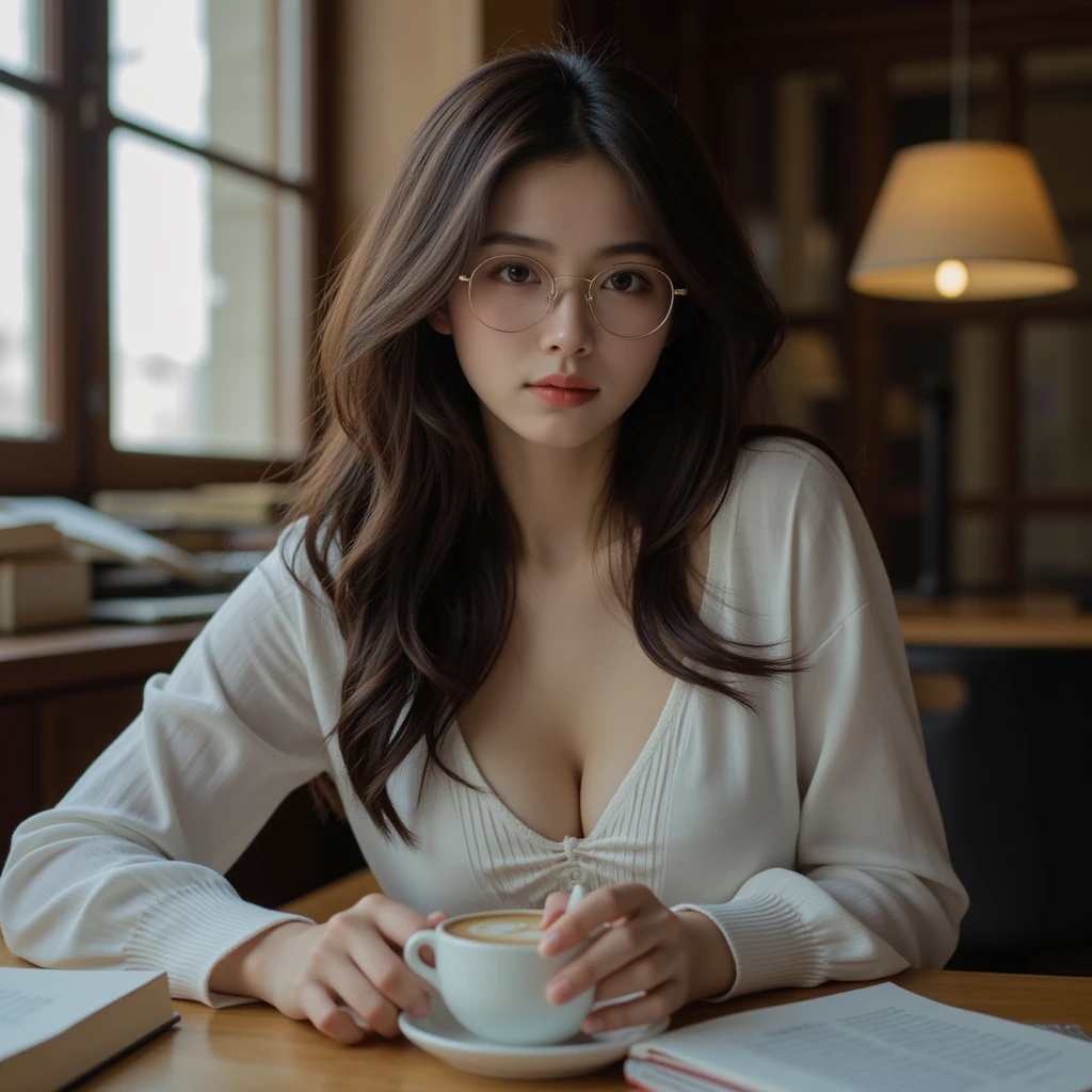 (realisitic、hight resolution:1.3)、masterpiece, best quality, 1 girl with a perfect figure、korean girl, Super thin face and eyes、beautiful face, wavy hair、knitted clothes:1 in random color.2、Short skirt、glasses, sitting in a cafe、coffee on table 、holding a coffee, looking to viewer, cleavage, plumpy body, photography art, photo full body