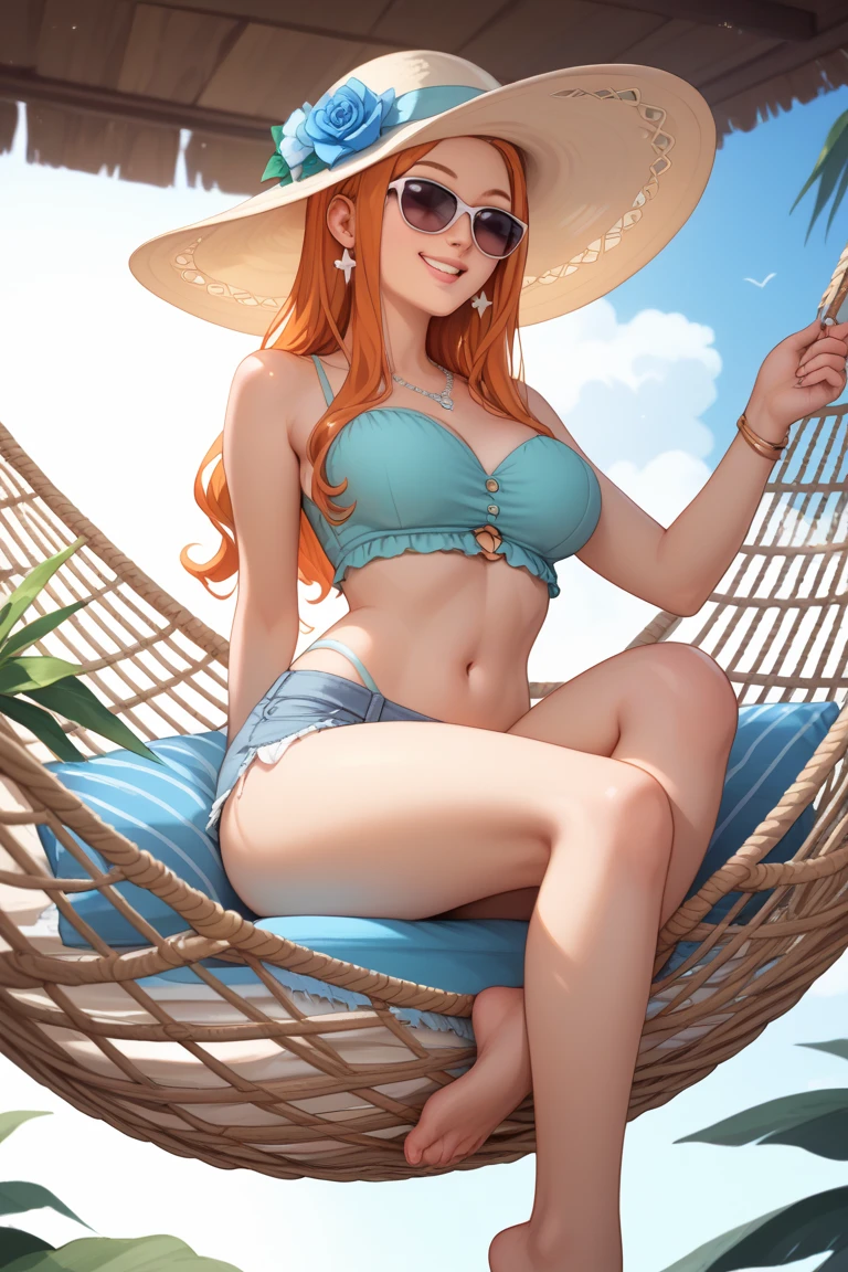 tmasterpiece，absurderes，A high resolution，ultra - detailed，1girl，独奏，Very detailed eyes，starfish，sea shell，sea shell，florals，Hats，hair adornments，jewely，Straw Hat Hat，looking at viewert，sun glasses，Cap flower，drinking straw，hair pin，耳Nipple Ring，Red flowers, Round glasses, yellowflower, By bangs, english text, Colorful hair, Orange flowers, brunette color hair, Nipple Ring, Ccup, long whitr hair, orange-tinted eyewear, dining, dark-blue hair, sportrait, shell hair ornament --auto