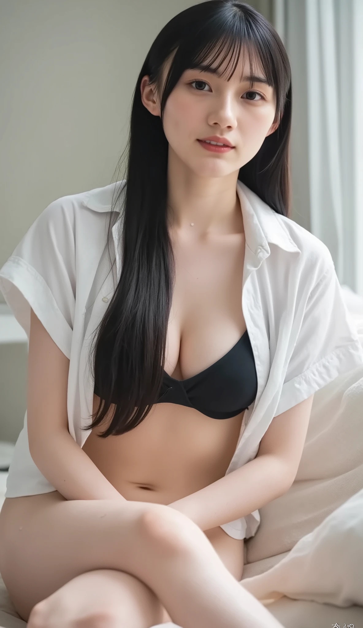 super real,8k, high image quality,((( low angle shot 、 biologically accurate images 、 staring at camera :1.22, lean forward , loose open shirt 、 no underwear))), 20 year old Japanese woman , slender body, Curved Beauty, sexy pose, hotel room 、 Indirect Lighting、( nudes),( completely naked), (Pussy line,)young and very round perfect big boobs,Very large round breasts , accentuate it by bringing the chest forward ,Healthy and attractive thighs, big ass,Very sexy waistband,Attractive plump and sexy thighs,Sensual erotic expression , random sexy pose