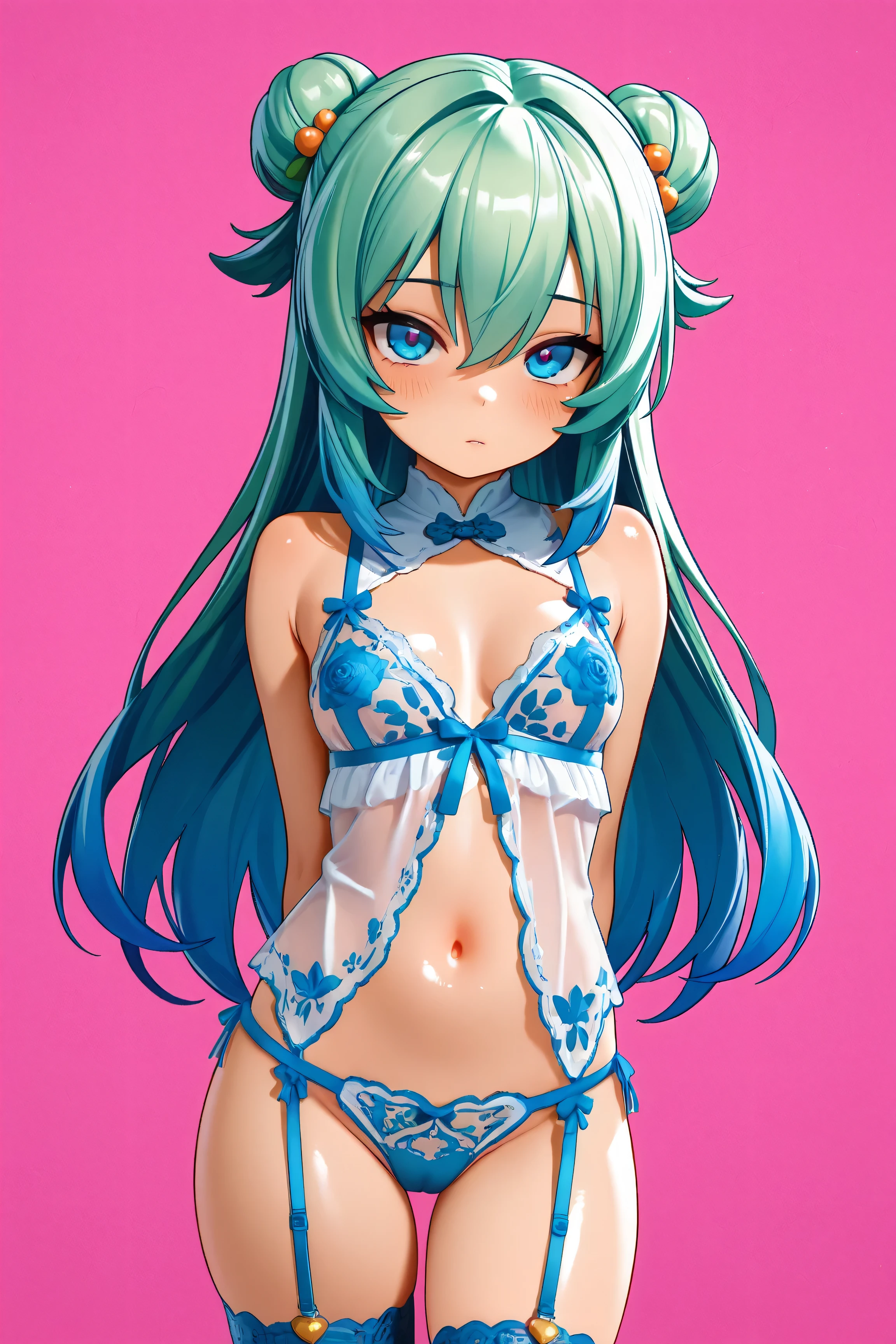 petite asian girl, small breasts, arms behind back, lingerie, Kizi girl,Highly detailed, Amazing work,Vitreous luster,((clean backdrop)),In pink,(((blue colors))),green color,red colour,Best quality at best,clean backdrop, shiny skin,