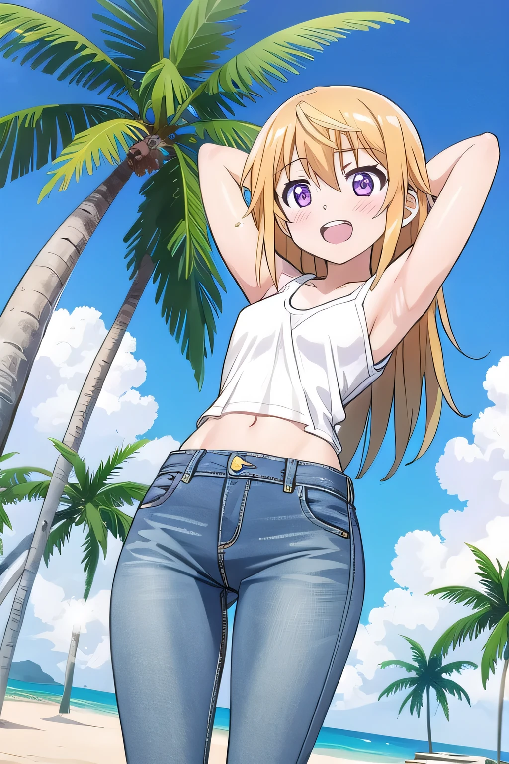 masterpiece,best quality,ultra detail, 1girl, yo, pee, ((round face, ecstasy, orgasm face, drooping eyes, shame smiling, blush)), dropping eyes, sleepy, Open mouth, ((White teeth)), background((under the beach, (day:1.2), palm tree, bright sky)), charlotte dunois, long hair, blonde hair, (purple eyes:1.1), (arms behind head:1.4), (Show the armpits:1.28), contrapposto, spread armpits, looking at viewer,, (white tank top:1.2), (white crop top:1.2), (jeans pants:1.2, flares jeans:1.2, skinny jeans:1.2, blue jeans:1.2), standing, (legs spread:1.2), sex pose, Sweaty crotch, Steam from the crotch, from below, whole body