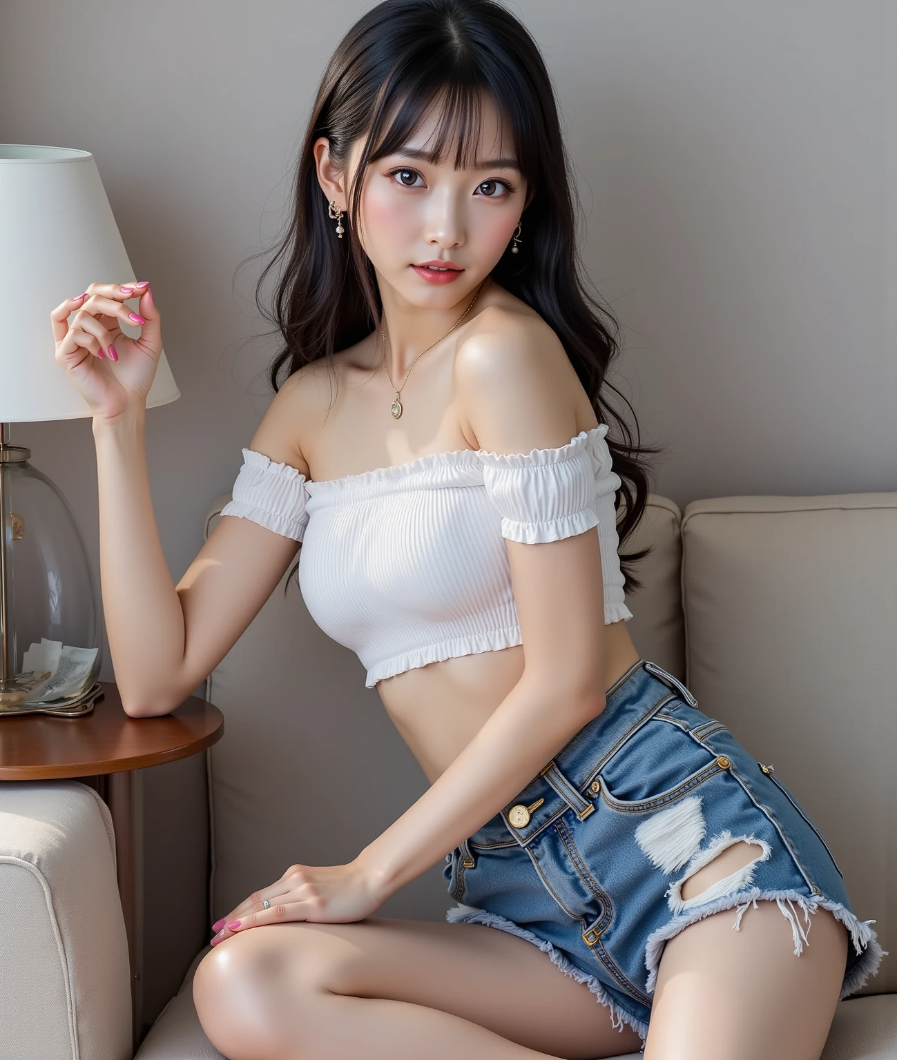 jirai kei ((Bare shoulder)), Double eyelids,Skin Whitening,Long hair,Whitening long legs,Standing by the sea, Fashion Girl, Red lips, Sweet Girl, Beautiful makeup, detail, lifelike, Very detailed, Astonishing, beautiful, Young and energetic, high quality,HD, Colorful, Beautifully, Smooth skin, The skirt is very short, Official Art, Extremely detailed, Movie atmosphere, Soft colors, Natural skin texture, Random scene, random shooting Angle, Black over-the-knee socks, lace hem
