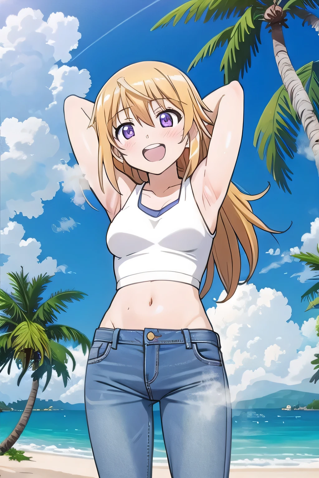 masterpiece,best quality,ultra detail, 1girl, yo, pee, ((round face, ecstasy, orgasm face, drooping eyes, shame smiling, blush)), dropping eyes, sleepy, Open mouth, ((White teeth)), background((under the beach, (day:1.2), palm tree, bright sky)), charlotte dunois, long hair, blonde hair, (purple eyes:1.1), (arms behind head:1.4), (Show the armpits:1.28), contrapposto, spread armpits, looking at viewer,, (white tank top:1.2), (white crop top:1.2), (jeans pants:1.2, flares jeans:1.2, skinny jeans:1.2, blue jeans:1.2), standing, (legs spread:1.2), sex pose, Sweaty crotch, Steam from the crotch, from below, whole body