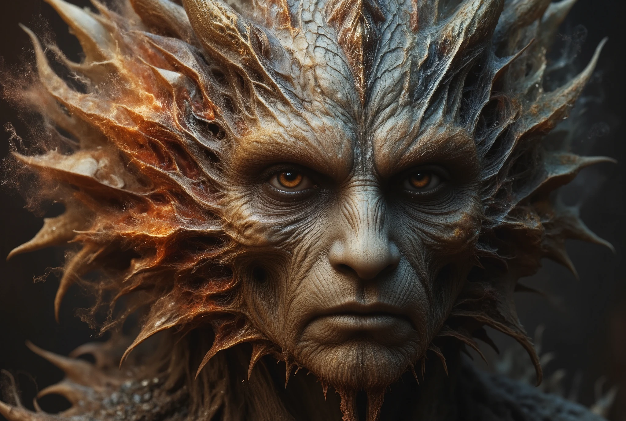 A front view of an old and desperate dragon. The left side of the beast dissolves in a ral-dissolve effect into geometric shards of flaming crystals and faint red-gold mist. High intricate details.
