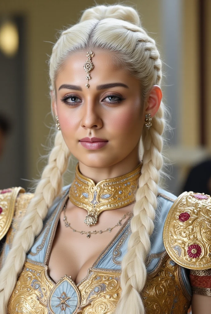a scandinavian woman with wavy platinum blonde hair and purple eyes, wedding saree, freckles, mature face, 35 year old, full body photograph, long braid, jasmine flowers in her hair, gold necklace, garland of marigold flowers, cleavage