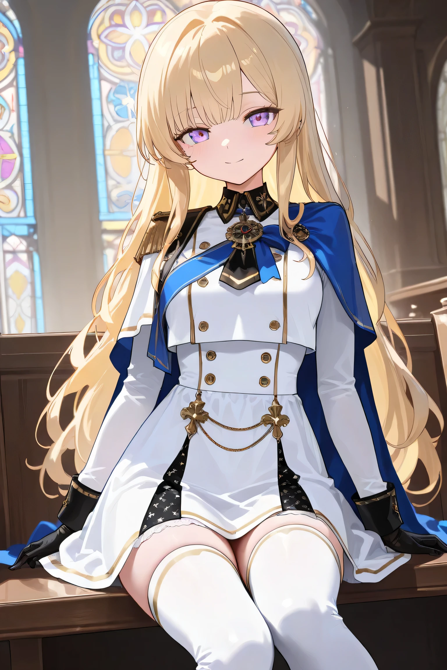 (Best quality, 4k, 8k, high resolution, masterpiece:1.2), ultra detailed, intricate details, SOLO, beautiful girl, alone, blonde hair, bangs, lavender eyes, small-medium breasts, perfect smooth skin, looking at viewer, slight smile, head tilted, wearing a white and gold military-style uniform, high-waisted skirt pulled up, layered loose-fitting blue and gold crop top, black lace cuffs, blue cape, cape star patterns, white thigh-high boots, blue ribbons on boots, black gloves, aristocratic fantasy mage, sitting gracefully on a wooden church pew, inside a grand white church with blue and gold accents, tall stained glass windows, intricate golden chandeliers, ethereal lighting filtering through the windows, (white high-waist stocking:1.0)
