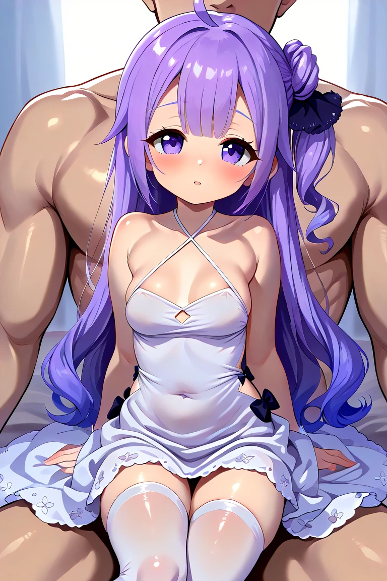 raiden shogun, 1girl, long hair, breasts, blush, open mouth, bangs, large breasts, hair ornament, 1boy, purple eyes, purple hair, braid, flower, hetero, thighs, mole, mole under eye, all fours, doggystyle, braided ponytail,naked,