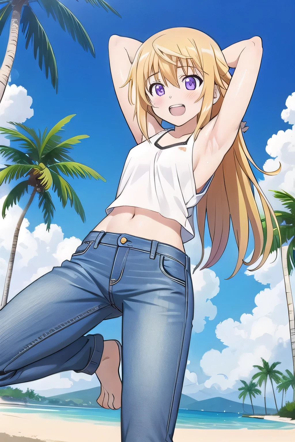masterpiece,best quality,ultra detail, 1girl, , petite, ((round face, ecstasy, orgasm face, drooping eyes, shame smiling, blush)), dropping eyes, sleepy, Open mouth, ((White teeth)), background((under the beach, (day:1.2), palm tree, bright sky)), charlotte dunois, long hair, blonde hair, (purple eyes:1.1), (arms behind head:1.4), (Show the armpits:1.28), contrapposto, spread armpits, looking at viewer,, (white tank top:1.2), (white crop top:1.2), (jeans pants:1.2, flares jeans:1.2, skinny jeans:1.2, blue jeans:1.2), standing, (legs spread:1.2), sex pose, Sweaty crotch, Steam from the crotch, from below, whole body