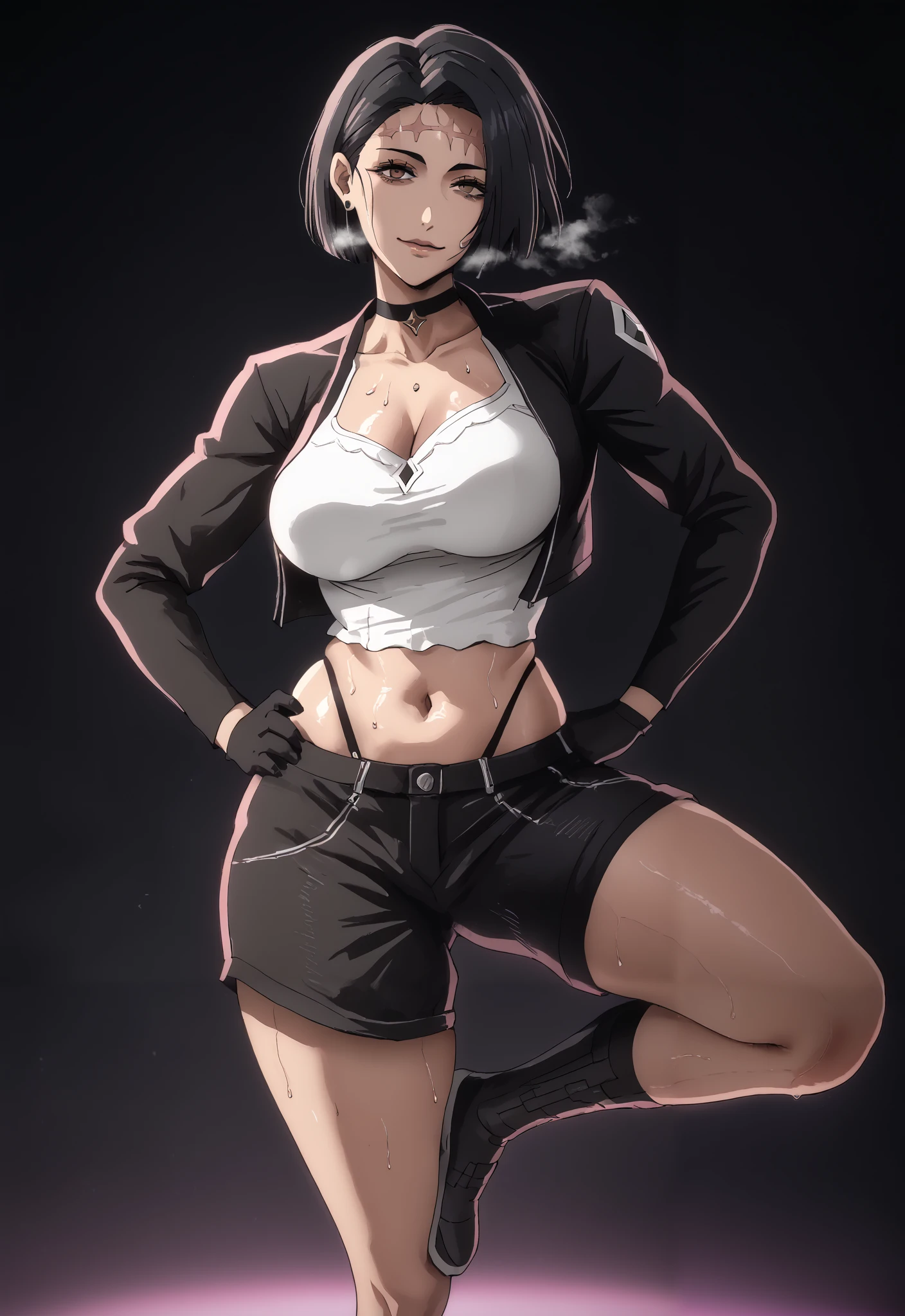 harayutaka style, score_9, score_8_up, score_7_up, score_6_up, uncensored, KaoriItadoriSDXL, short hair, brown eyes, black hair, large breasts, scar on face, bags under eyes, anime coloring, anime screencap, (voluptuous:1.3), (thick:1.3), BREAK UHD, retina, masterpiece, accurate, anatomically correct, textured skin, super detail, high details, high quality, award winning, best quality, highres, 4K, excessive sweating, sweating, sweating drop, (gasping, heavy breathing:1.3), (skindentation:1.2), perfect eyes, beautiful eyes, eyelashes, makeup, detailed body, perfect body, BREAK, 1girl, solo, plump, breasts, looking_at_viewer, hands_on_hips, white_background, simple_background, standing_on_one_leg, standing, smirk, gloves, long sleeves, navel, cleavage, shorts, choker, black gloves, elbow gloves, midriff
