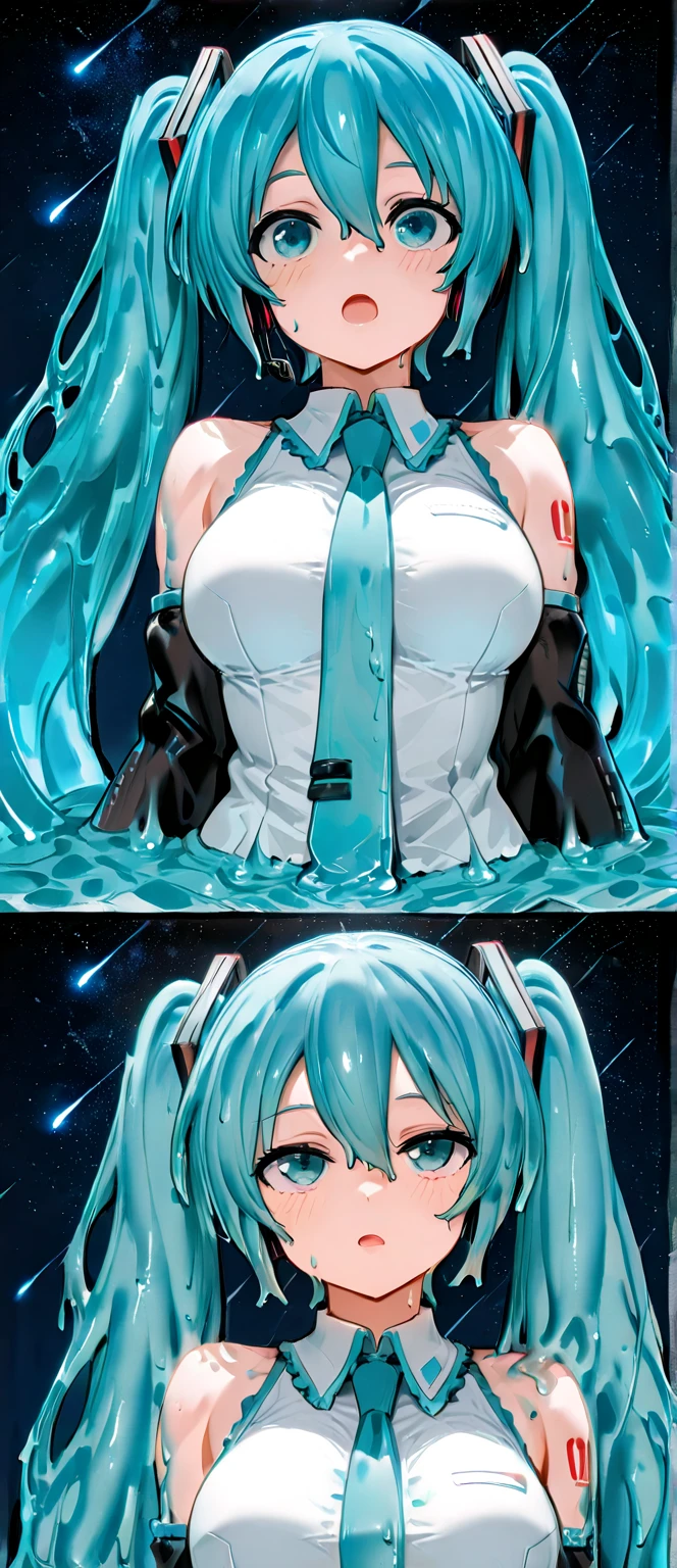 hatsune miku, aqua hair, twin talls, large ,, , empty eyes , large breastse, Runnineavy snowfall area frozen wet crying mountain Alone, Smile Naked