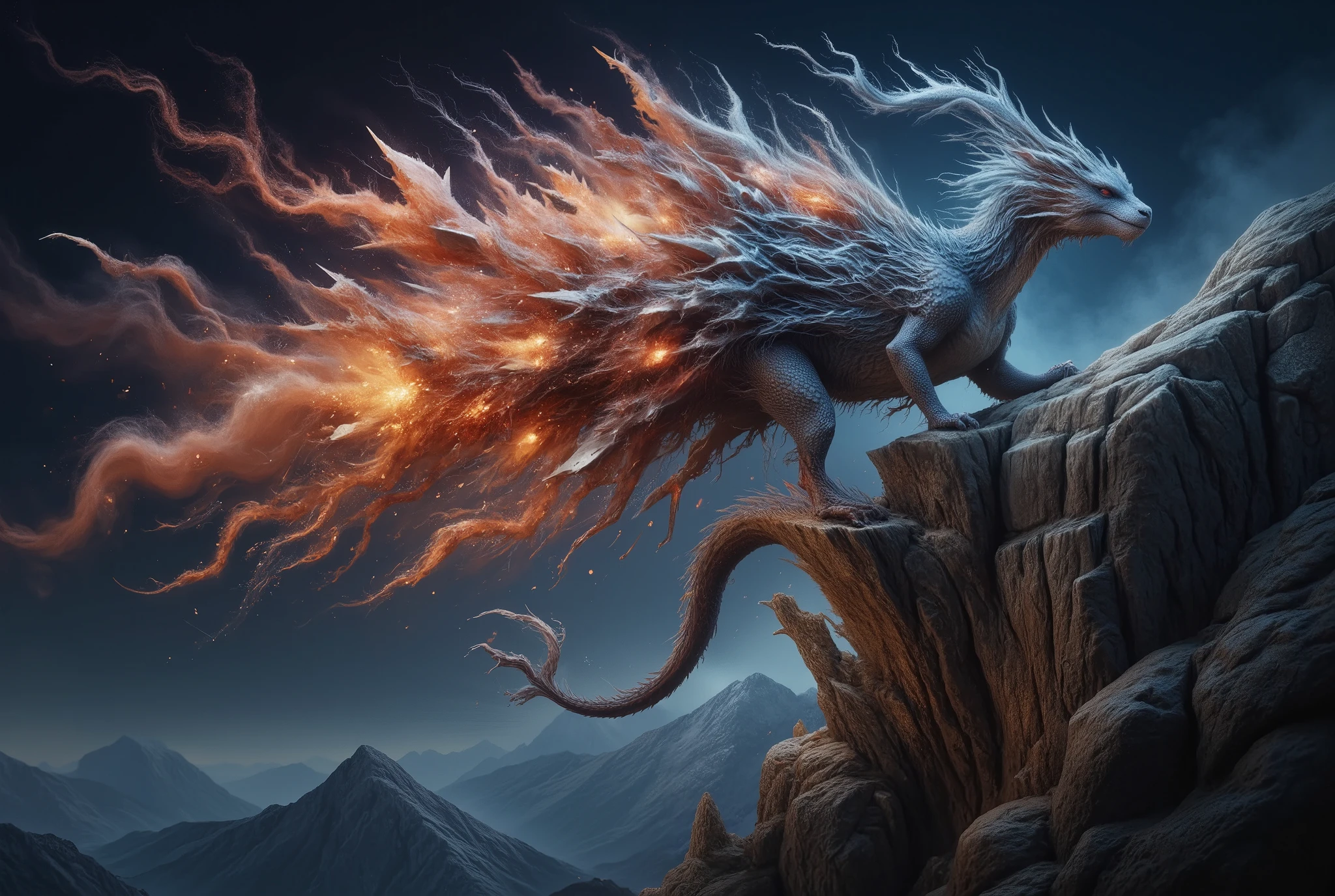 A front view of a dragon clinging to the top of a cliff. the dragon's body is fragmented. The left side of the beast dissolves in a ral-dissolve effect into geometric shards of flaming crystals and faint red-gold mist. High intricate details. Dark blue sky background.