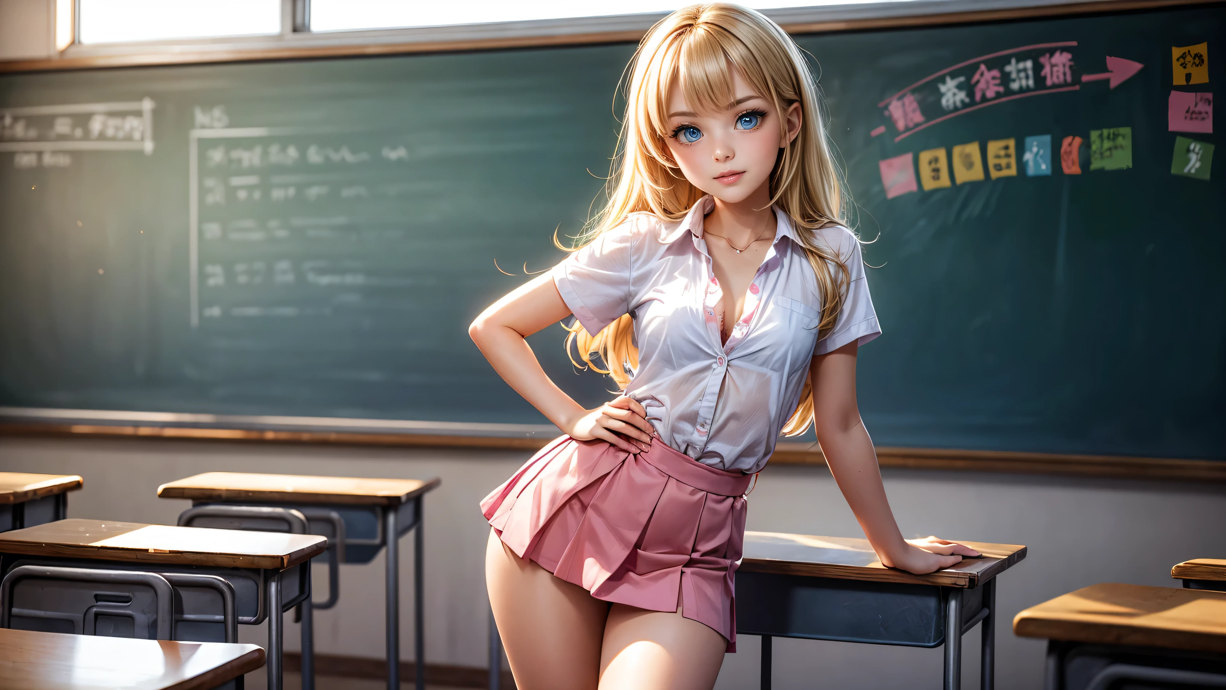 1girl, solo, single girl, young girl, Standing in a classroom, Cute blonde girl wearing revealing pink high-school uniform in classroom, sexy, petite, blue eyes, popular girl, standing in front of the chalkboard, 