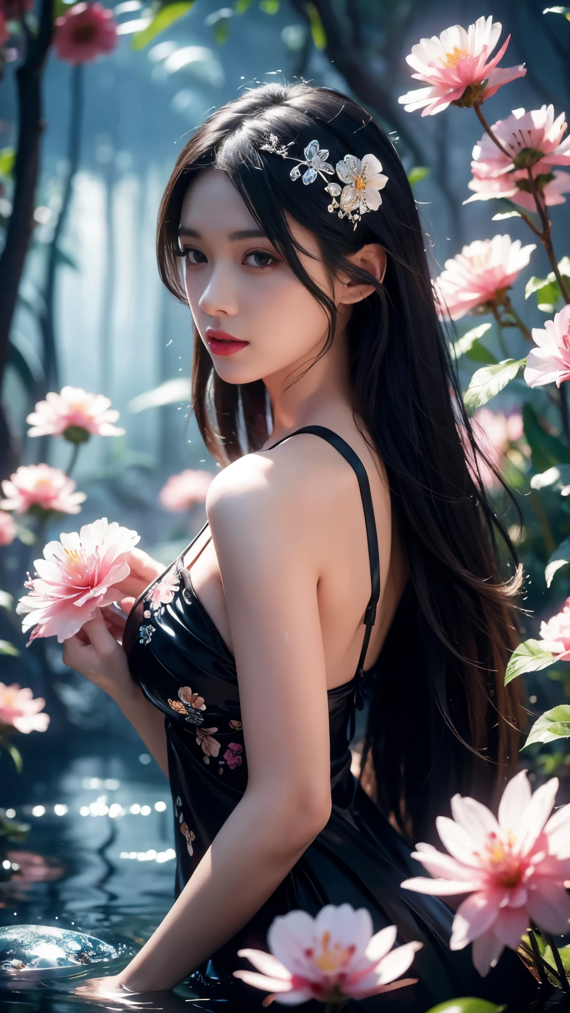 Exquisite facial features，long eyelasher，choker necklace，Leg warming socks，Arm out，ink and watercolor painting，Works of masters，Best image quality，Higher quality，high detal，(超高分辨率)，8K分辨率，Realistic portraits，braidedbangs，Dark, shiny hair，s the perfect face，Glowing skin，Dancer，Sparkling pupils，Clear jacket，hot pant，Bare shoulders，sitting  sideways，浴室，Dingdall effect，Cinematic lighting，Contour light，Flowers method