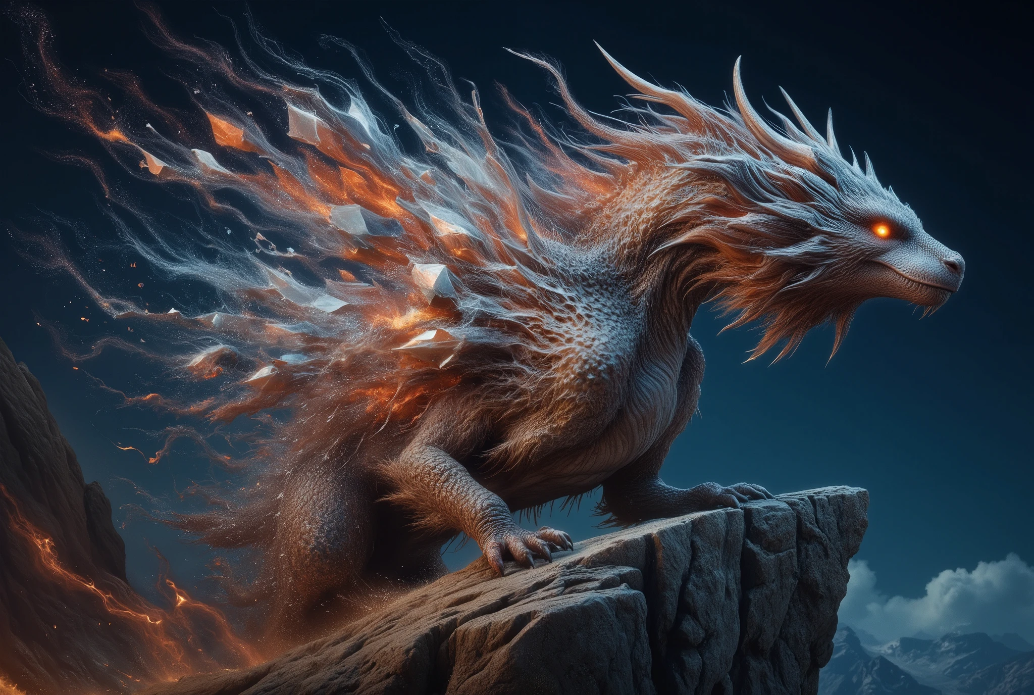 A front view of a dragon clinging to the top of a cliff. the dragon's body is fragmented. The left side of the beast dissolves in a ral-dissolve effect into geometric shards of flaming crystals and faint red-gold mist. High intricate details. Dark blue sky background.