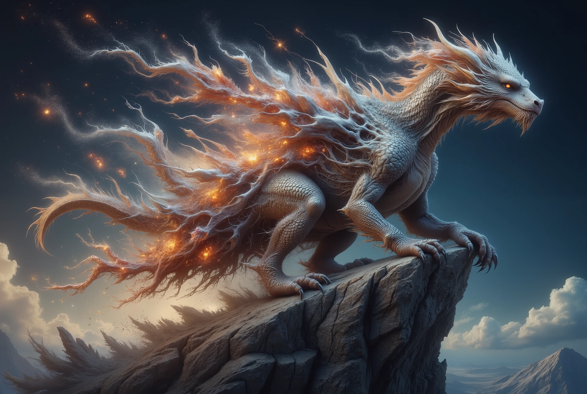 A front view of a dragon clinging to the top of a cliff. the dragon's body is fragmented. The left side of the beast dissolves in a ral-dissolve effect into geometric shards of flaming crystals and faint red-gold mist. High intricate details. Dark blue sky background.