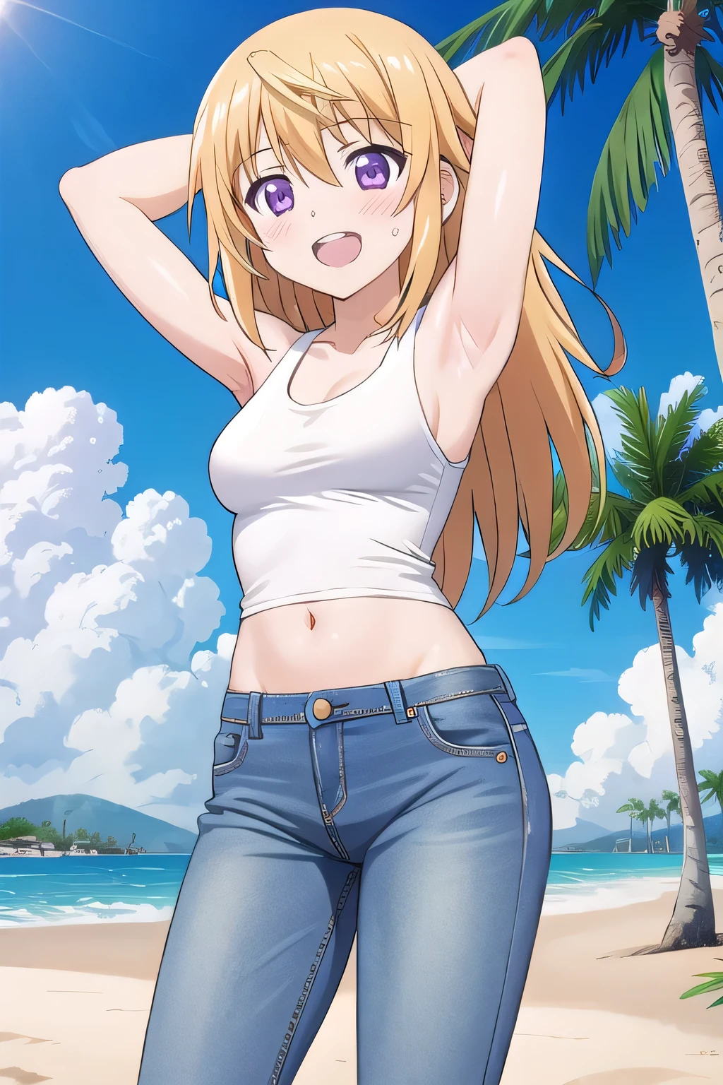 masterpiece,best quality,ultra detail, 1girl, yo, pee, ((round face, ecstasy, orgasm face, drooping eyes, shame smiling, blush)), dropping eyes, sleepy, Open mouth, ((White teeth)), background((under the beach, (day:1.2), palm tree, bright sky)), charlotte dunois, long hair, blonde hair, (purple eyes:1.1), (arms behind head:1.4), (Show the armpits:1.28), contrapposto, spread armpits, looking at viewer,, (white tank top:1.2), (white crop top:1.2), (jeans pants:1.2, flares jeans:1.2, skinny jeans:1.2, blue jeans:1.2), standing, (legs spread:1.2), sex pose, Sweaty crotch, Steam from the crotch, from below, ((full medium body))