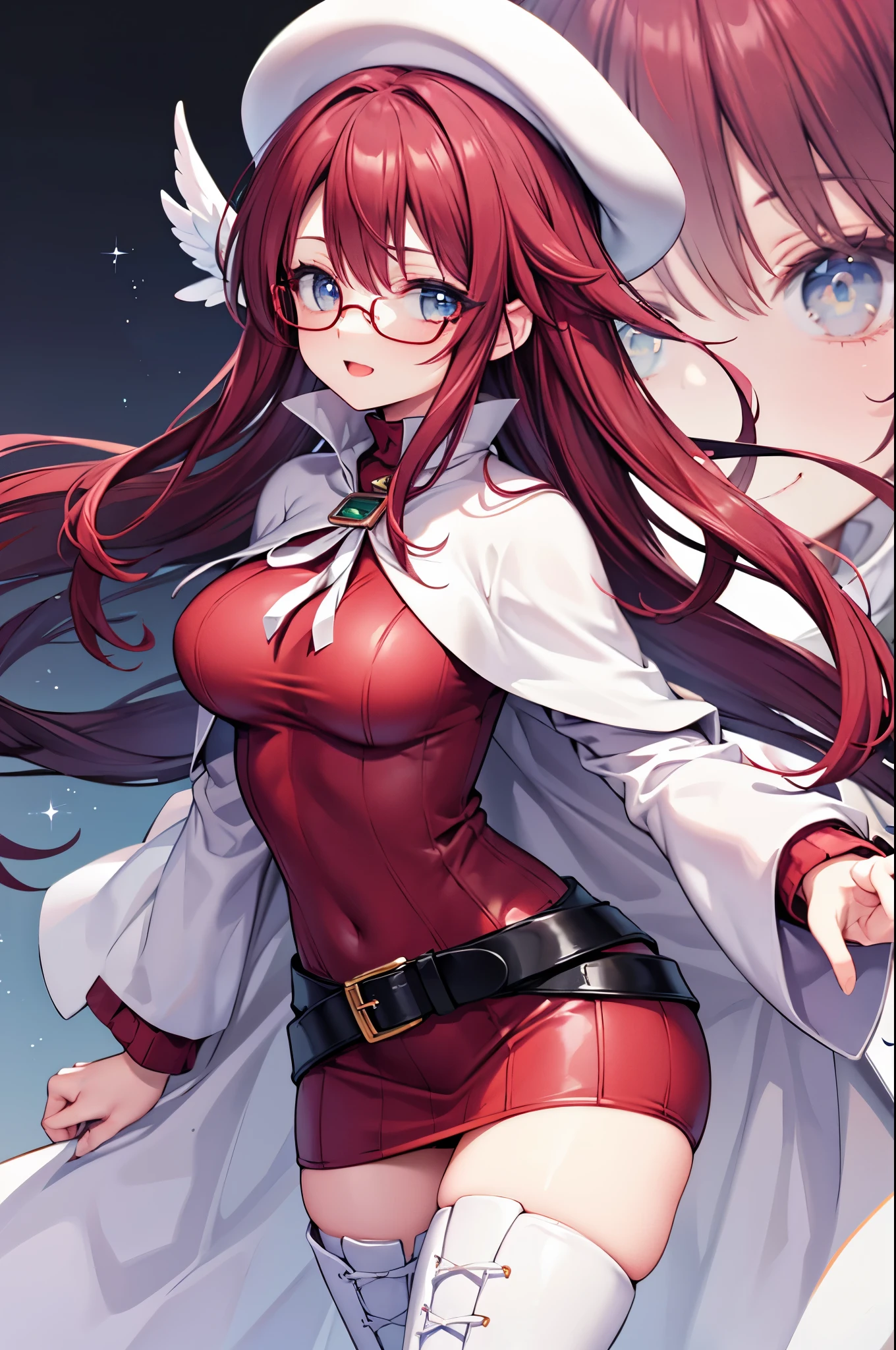 summonnightaty, aty, long hair, blue eyes, red hair, beret, hat, glasses,
BREAK long hair, thighhighs, hat, dress, boots, glasses, belt, cape, sweater, zettai ryouiki, beret, thigh boots, white footwear, ribbed sweater, loose belt,solo,
BREAK outdoors, fantasy_town,
BREAK (masterpiece:1.2), best quality, high resolution, unity 8k wallpaper, (illustration:0.8), (beautiful detailed eyes:1.6), extremely detailed face, perfect lighting, extremely detailed CG, (perfect hands, perfect anatomy),(covered_nipples:1.3),covered_navel,light_smile,dynamic_posing ,walking,(half_eyes:1.2),light_open_mouth,sword,armpit