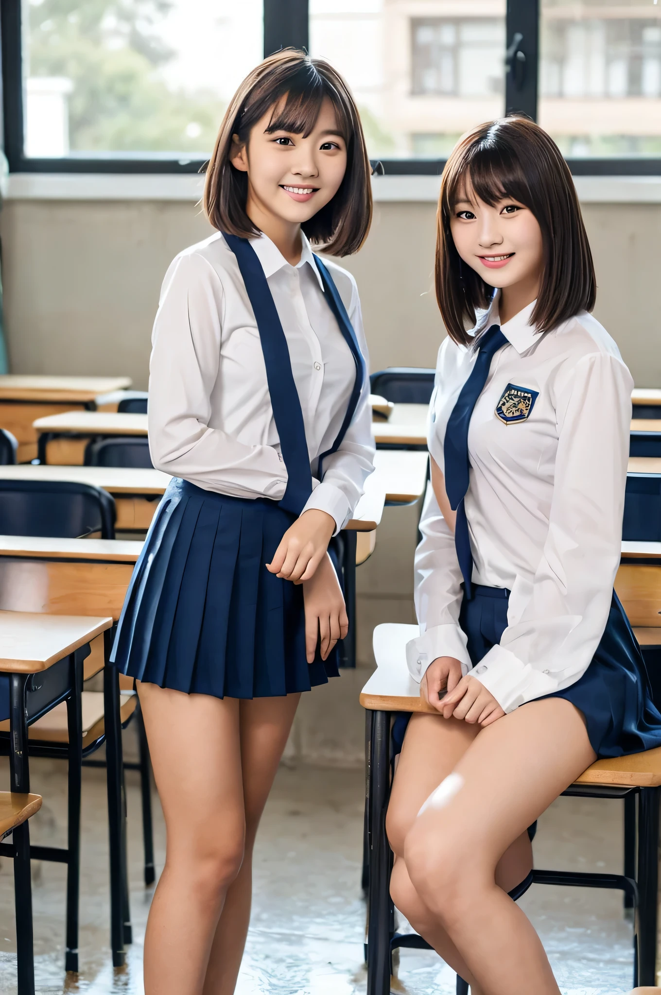 2 girls in school classroom,school uniform, gray pleated micro mini skirt,white shirt,white panties,showing white panties,-yeld,ba,a little smiles,thighs,knees,crotch, short cut hair,low ponytail,from behind,looking at viewer,(small hips:1.2,skinny body,skinny legs)