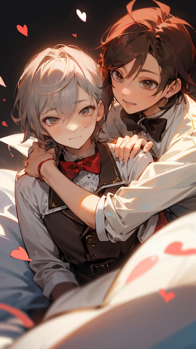 (muste piece), (best quality), very detailed, ((two men in their 20s)), perfect face, beautiful face, happy face,very detailed顔,(brown hair_red eyes:1.3),(gray hair_blue eyes:1.3),wink,milk chocolate,White chocolate,Valentine,ribbon,race,frills,heart,Light,smile,long eyelashes,頬にheartマーク,Melted chocolate,Covered in chocolate