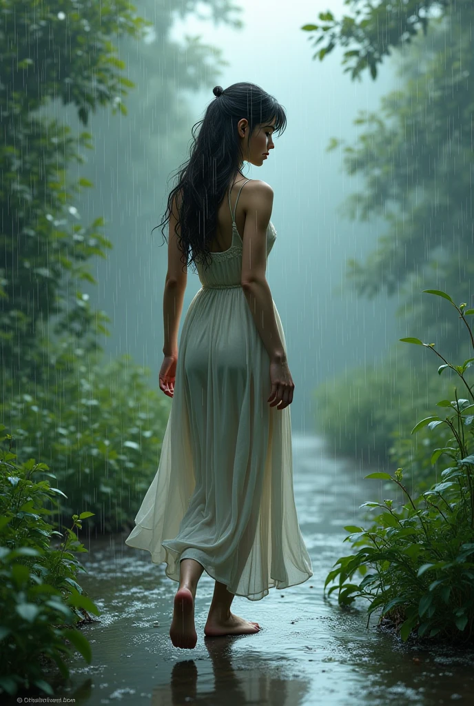 Beautiful woman with long hair walking in the rain.