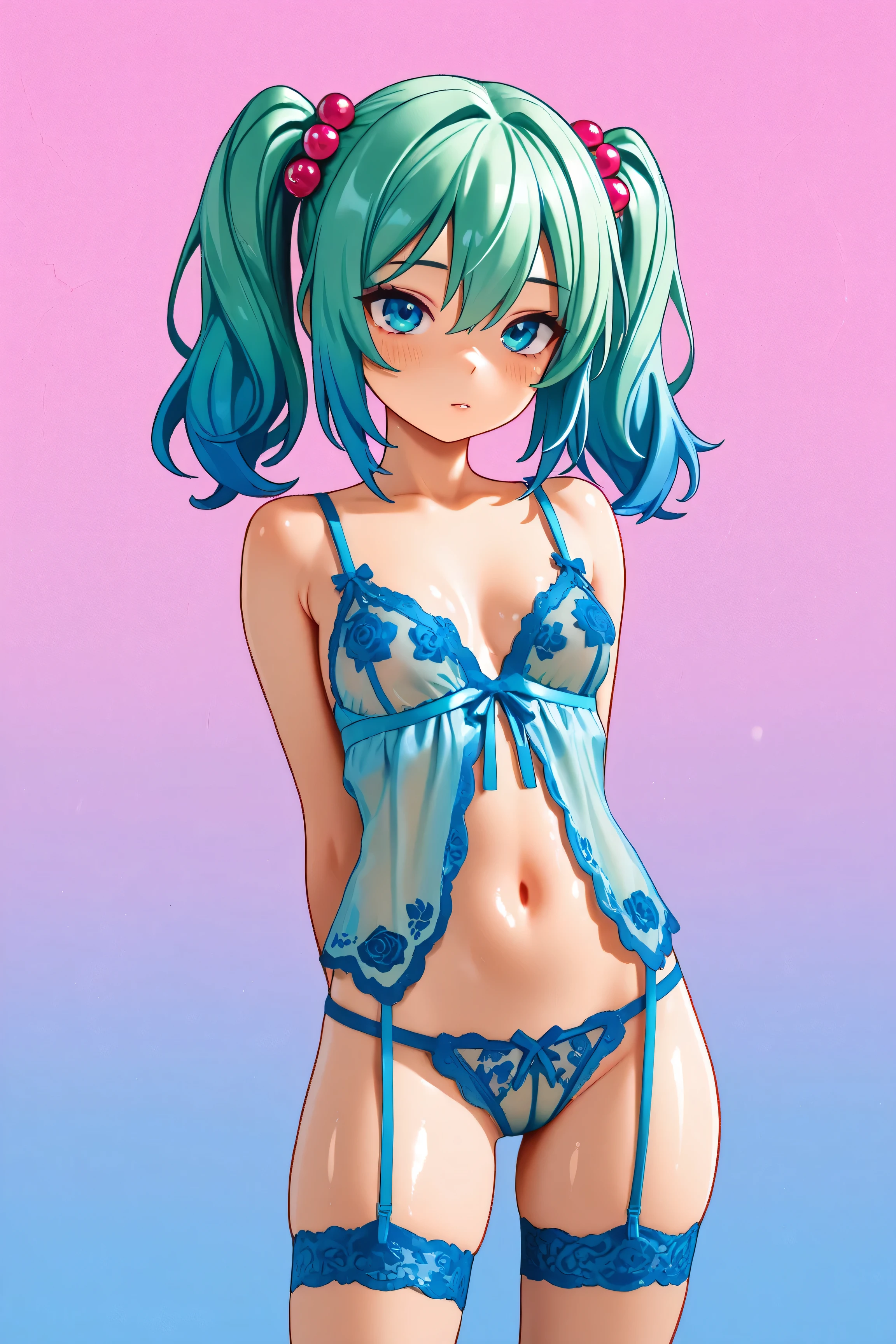 asian girl, small breasts, arms behind back, lingerie, Kizi girl,Highly detailed, Amazing work,Vitreous luster,((clean backdrop)),In pink,(((blue colors))),green color,red colour,Best quality at best,clean backdrop, shiny skin,