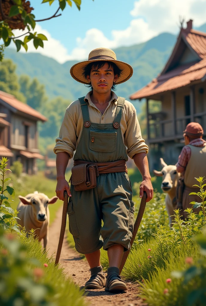 Brazilian hillbilly guy from the interior of Minas Gerais, with straw hat, typical rural costumes, suspenders, toothless