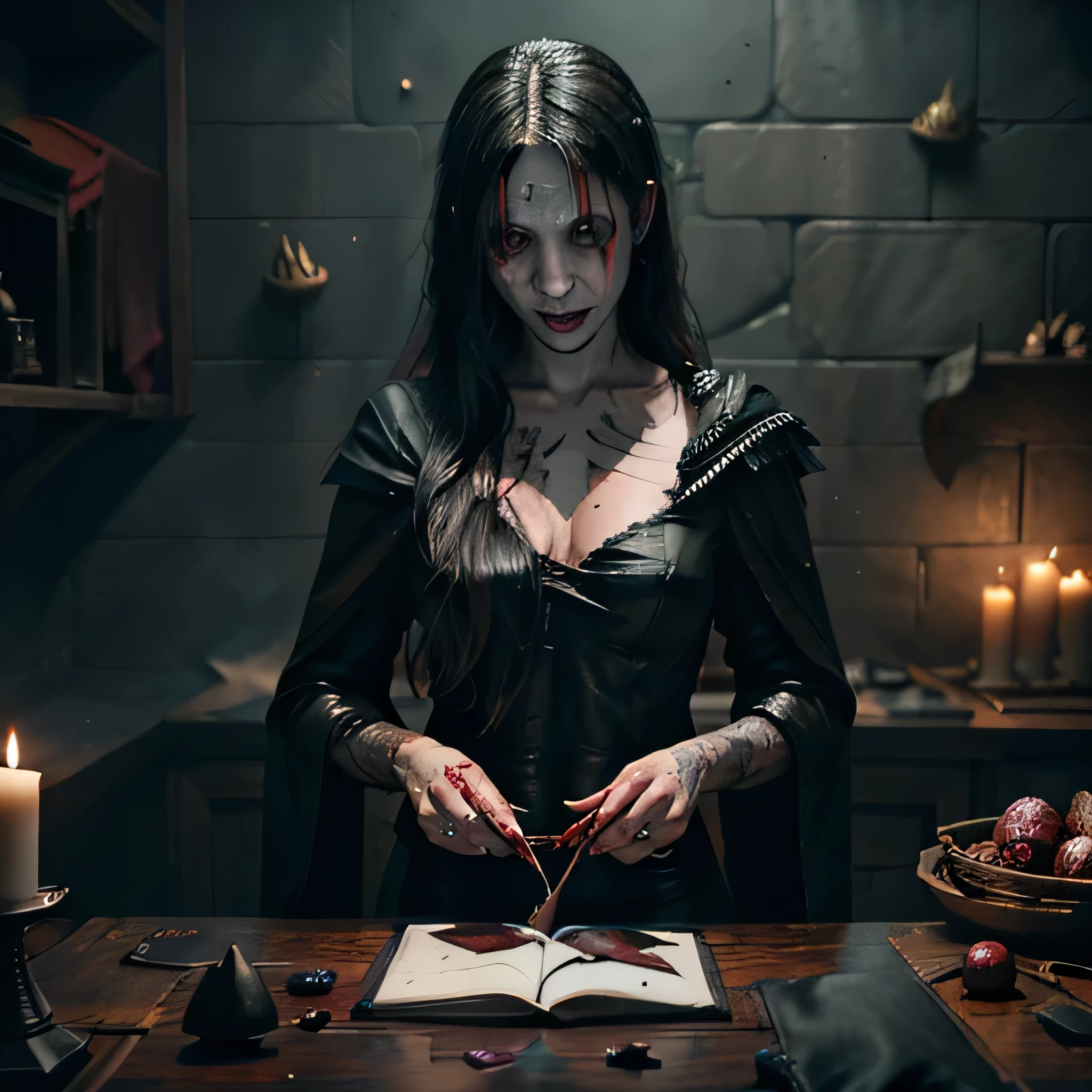 Beautiful woman who fought to exhaustion was holding a blood-stained katana and propped up, kneeling in a ruined room full of firelight, with an unyielding expression on her face, covered in blood, realistic fantasy rendering, ultra-realistic 8k octane photos, cool colors, realism.