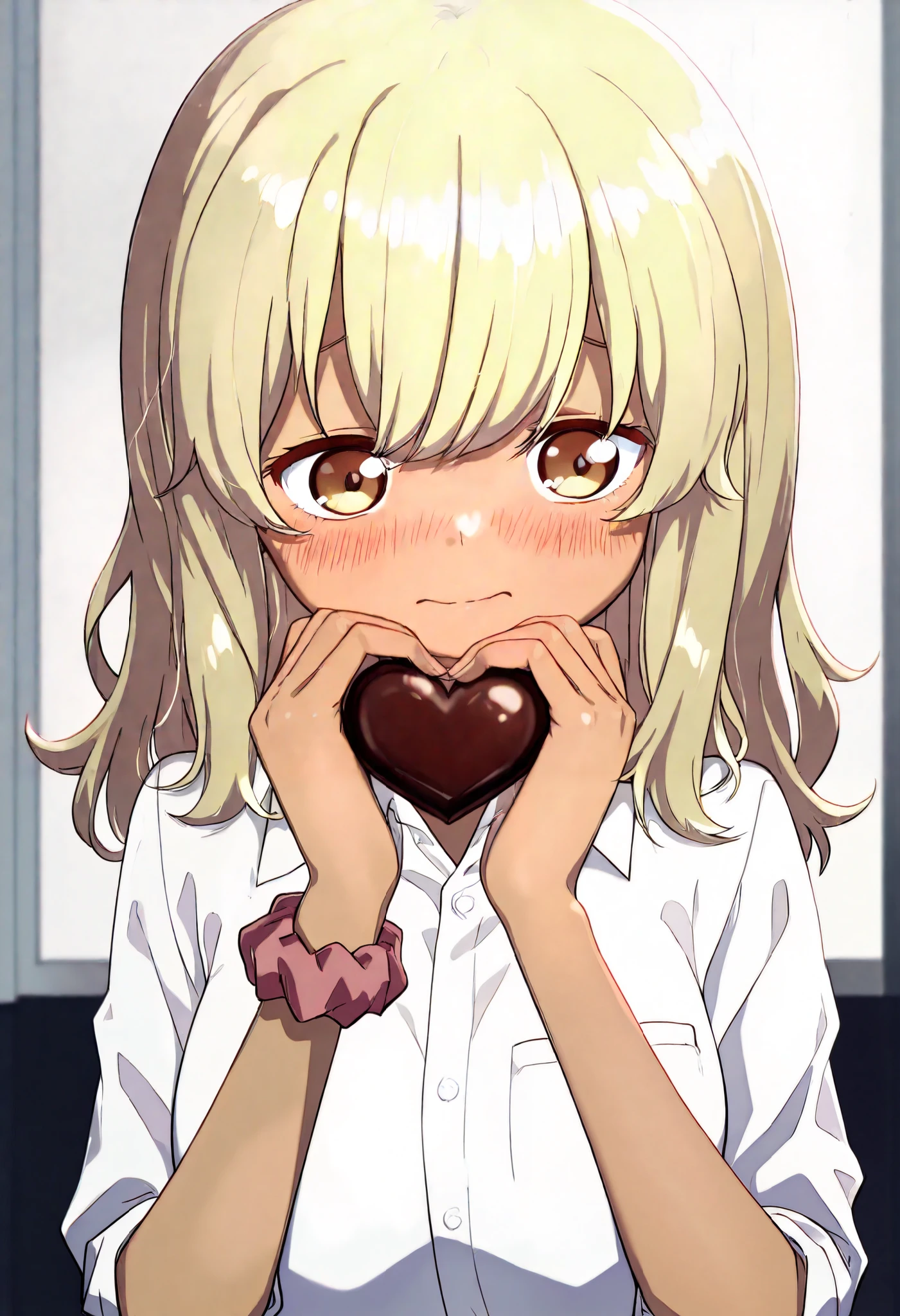 (anime colored) ,valentine chocolate , Give the chocolate ,heart shaped chocolate, I'm embarrassed ,1girl,solo, kana_higa, blonde_hair, yellow_eyes, brown_eyes, tanned skin, school_uniform, collared_shirt, white_shirt, wrist_scrunchie sleeves_rolled_up,very cute ,small breasts,Original style, Very high quality, beautiful,super detailed skin, high resolution, novel illustration, shiny skin,(five finger), (hands in heart pose)