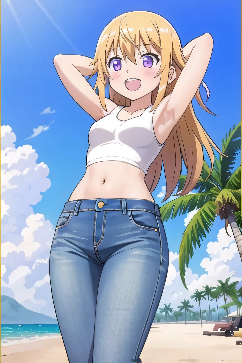 masterpiece,best quality,ultra detail, 1girl, yo, pee, ((round face, ecstasy, orgasm face, drooping eyes, shame smiling, blush)), dropping eyes, sleepy, Open mouth, ((White teeth)), background((under the beach, (day:1.2), palm tree, bright sky)), charlotte dunois, long hair, blonde hair, (purple eyes:1.1), (arms behind head:1.4), (Show the armpits:1.28), contrapposto, spread armpits, looking at viewer,, (white tank top:1.2), (white crop top:1.2), (jeans pants:1.2, flares jeans:1.2, skinny jeans:1.2, blue jeans:1.2), standing, (legs spread:1.2), sex pose, Sweaty crotch, Steam from the crotch, from below, whole body
